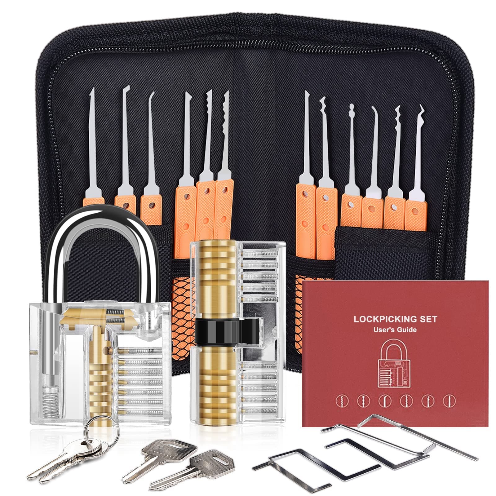 Diyife Lock Pick Set, [26 Pieces] [Updated Version] Premium Practice Lock Picking Tools with 2 Transparent Training Padlock for Lockpicking,Guide for Beginner and Locksmith Training(Orange)
