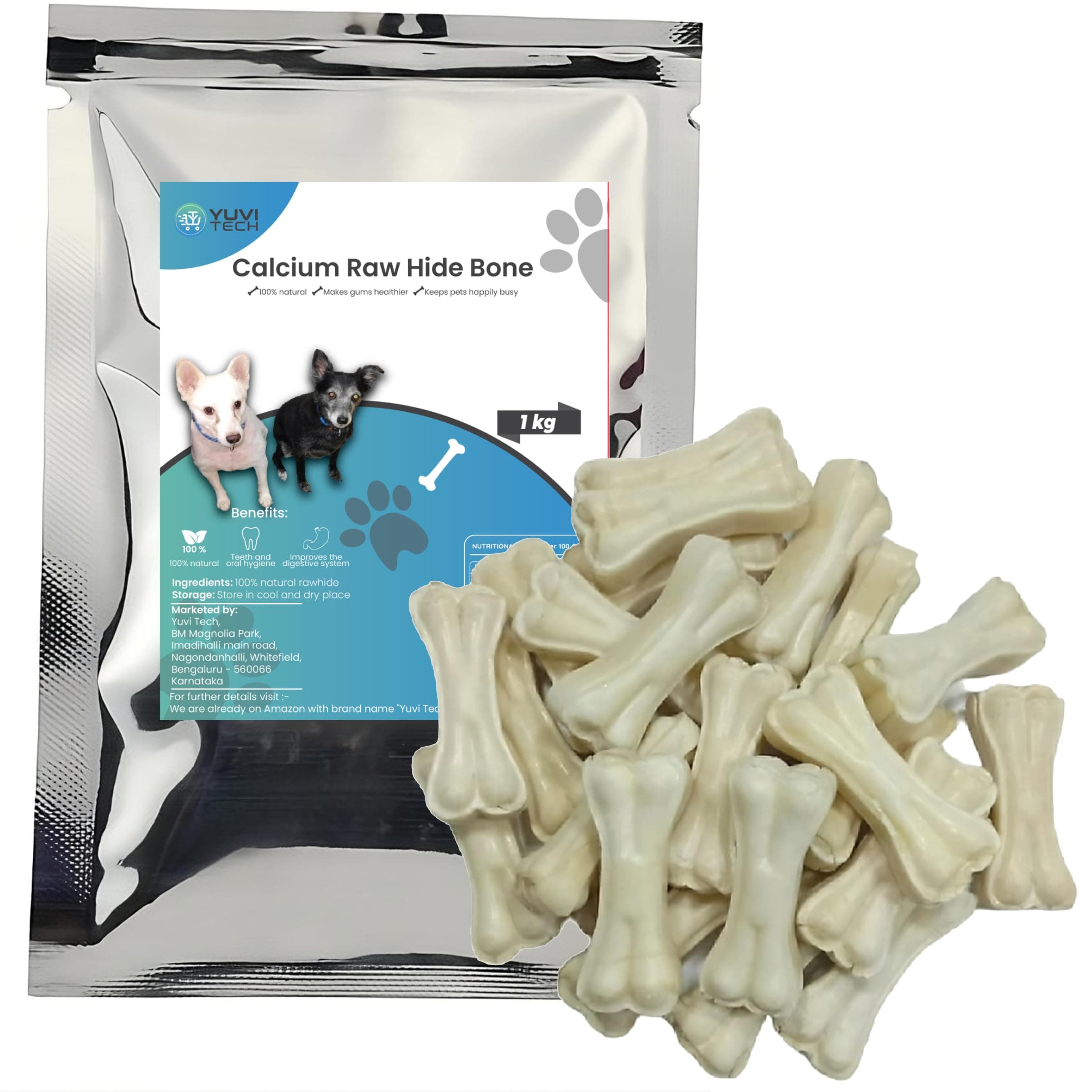 Yuvi Tech Rawhide Bones for Dogs: 1 Kg Pack with 26-28 Pieces Premium Dog Treats for Dogs, Calcium-Rich Bones, Chew Sticks and Dental Treats. Safe, Natural and Ideal for Oral Health,All Life Stages