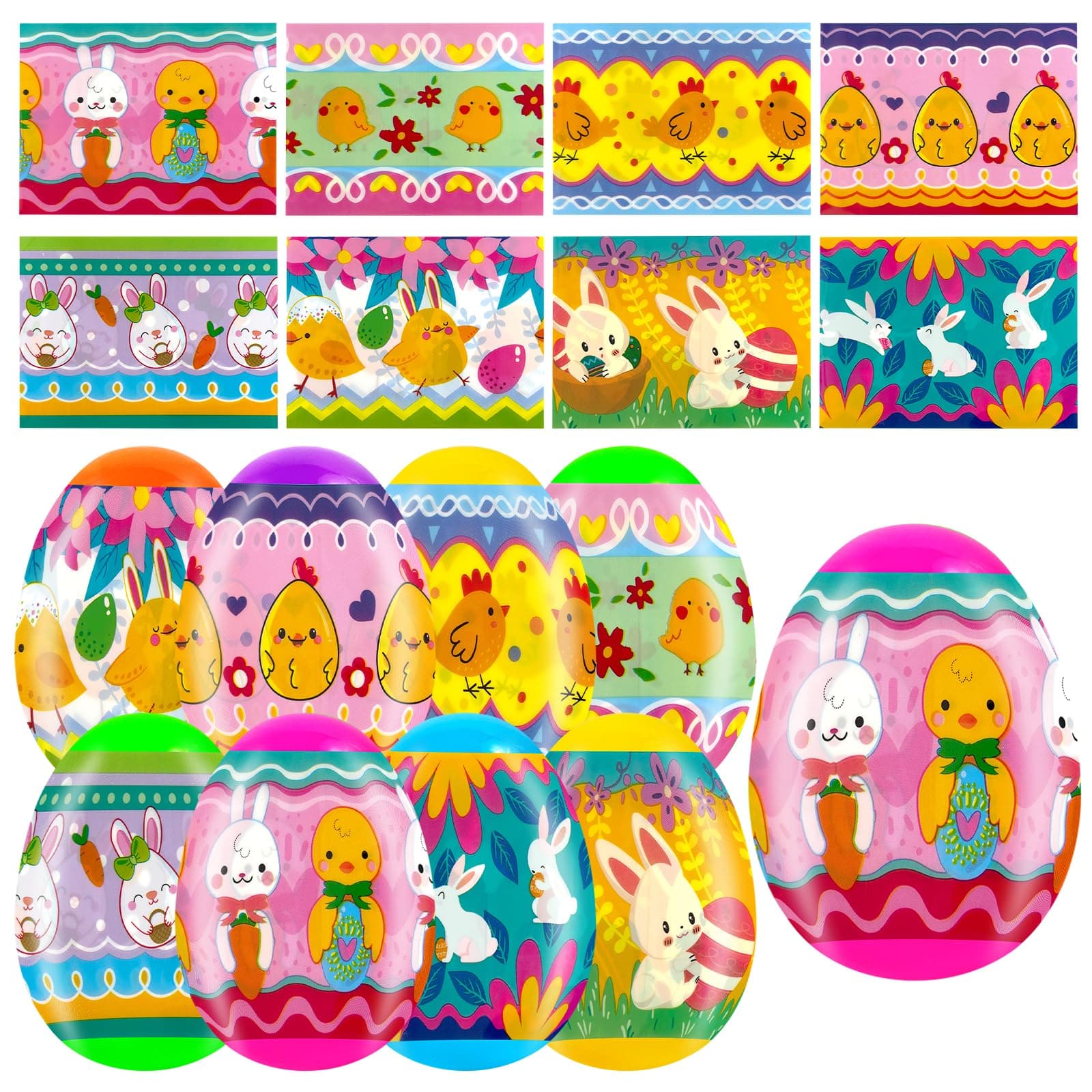 Wittocs 35 Pcs Easter Egg Wrapper Luminous Film Shrink Wraps for 2.4in Easter Egg Arounds Cute Chicken Bunny Sleeves Decorations