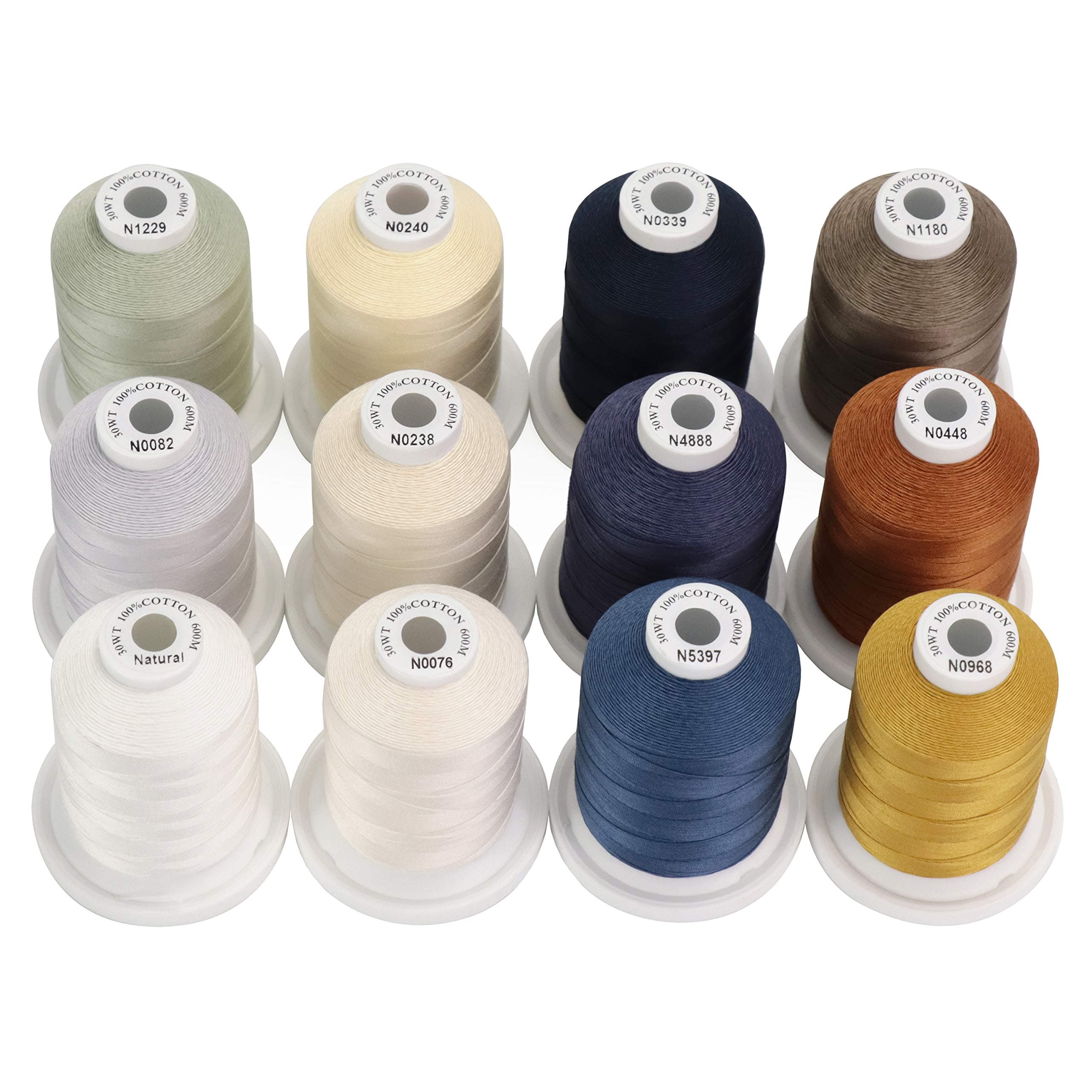 12 Neutral&Jean Colours Multi-Purpose 100% Mercerized Cotton Threads 30WT(50S/3) 600M Each Spool for Quilting, Sewing and Embroidery