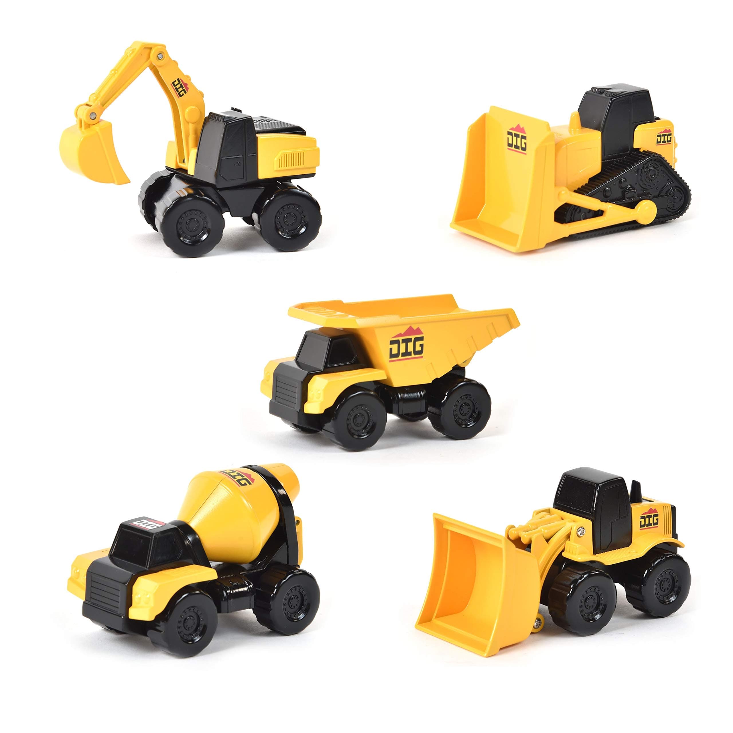 Maxx Action Micro Maxx DIG Toy Construction Vehicles 5 Pack Assortment; Kids Dump Truck, Digger, Cement Truck, Bulldozers
