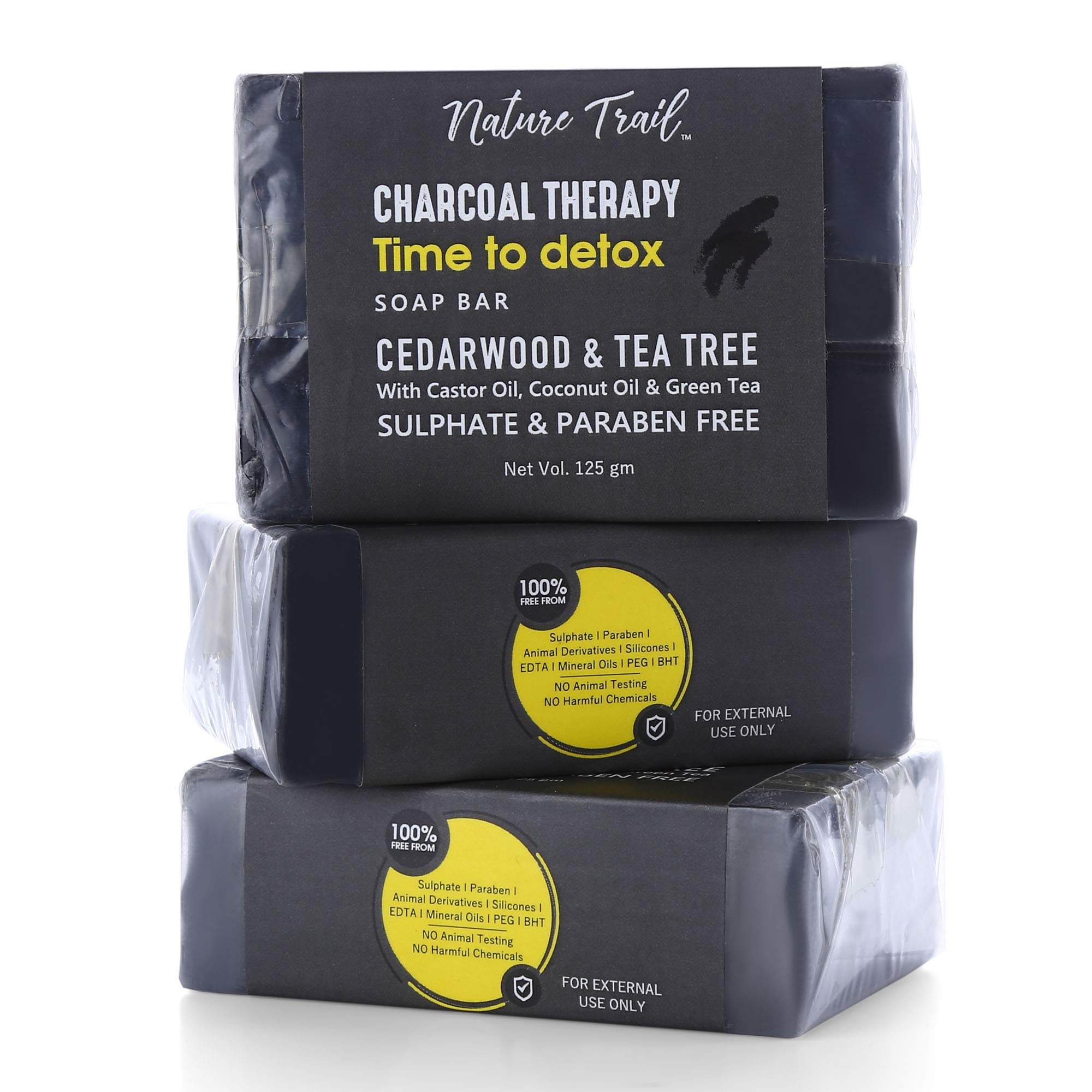 Nature Trail Charcoal Therapy Soap Bar Combo with Tea Tree Oil, Green Tea & Aloe Vera for Acne, Brightening & Glowing Skin, 375 Gm (Pack of 3)