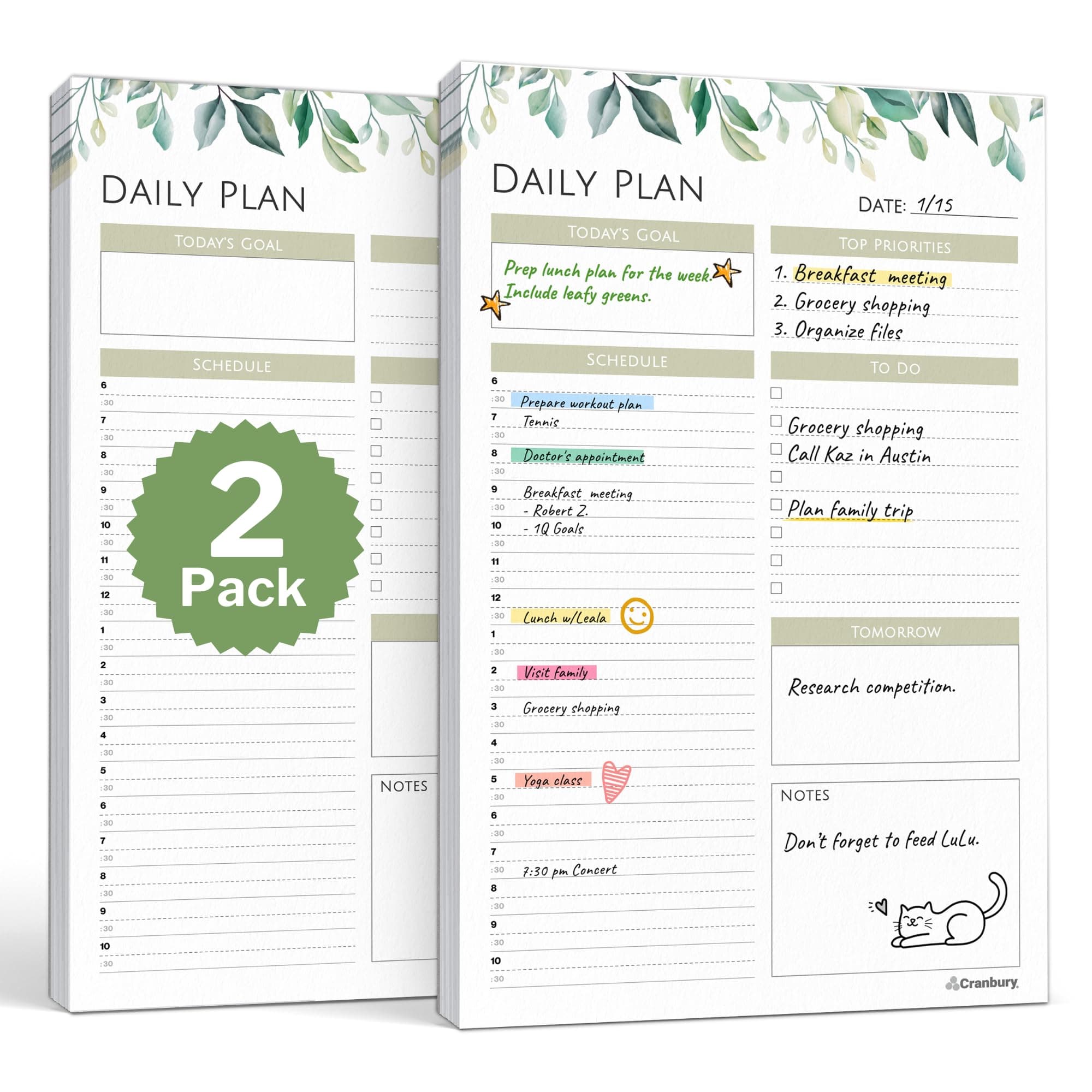 CRANBURY Daily Planner Notepad 2-Pack (5.5x8.5), 54 Tear-Off Pages, Undated Daily To Do List Planner Pad, Personal Planner, Time Block Planner, with Daily Scheduler, Priorities, Notes