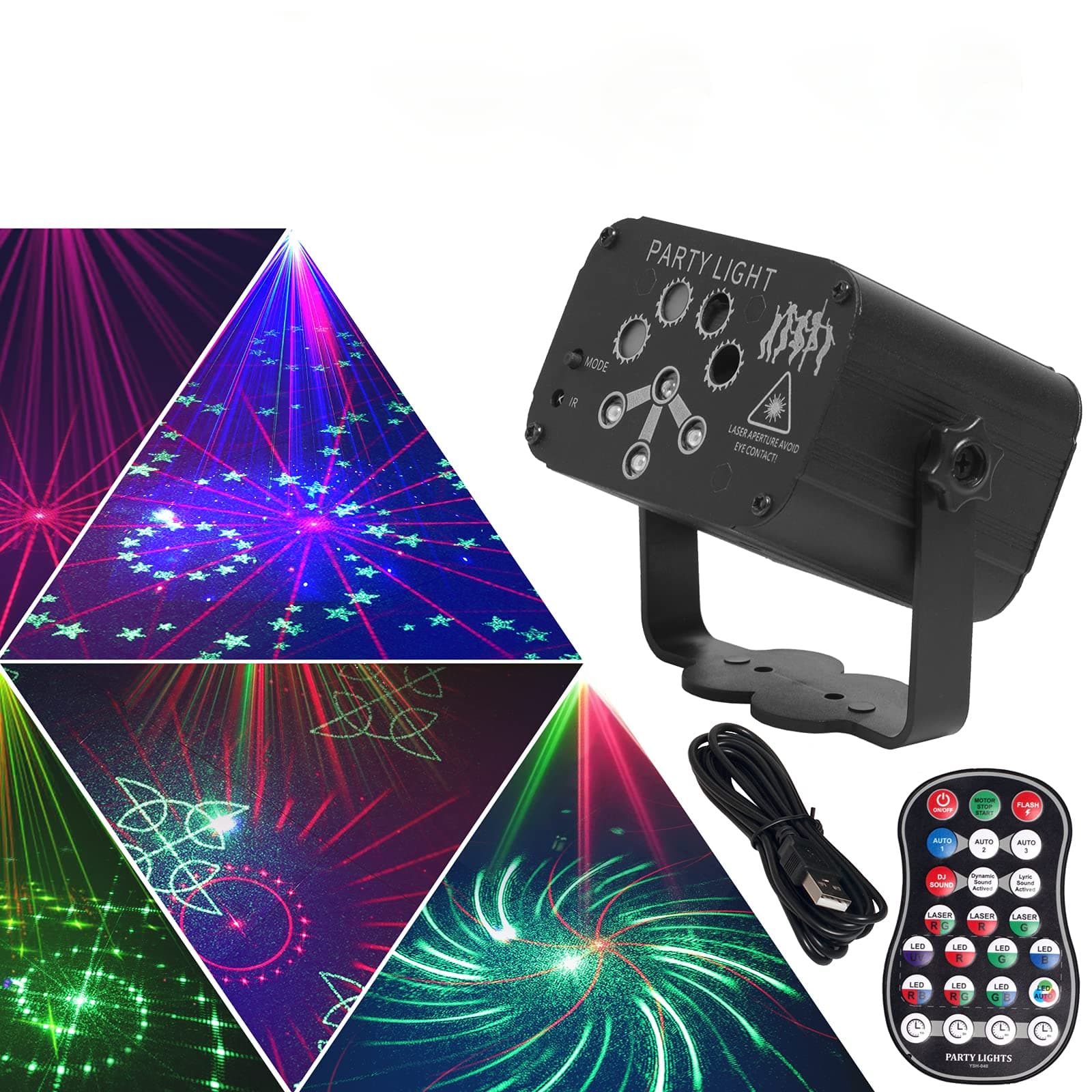AMINAC Disco Lights Party Lights,120 Patterns Wireless LED Sound Activated RGB Stage Lights Projector with Remote Control, Timing, Rechargeable Battery for Birthday Home Room Dance Party Wedding