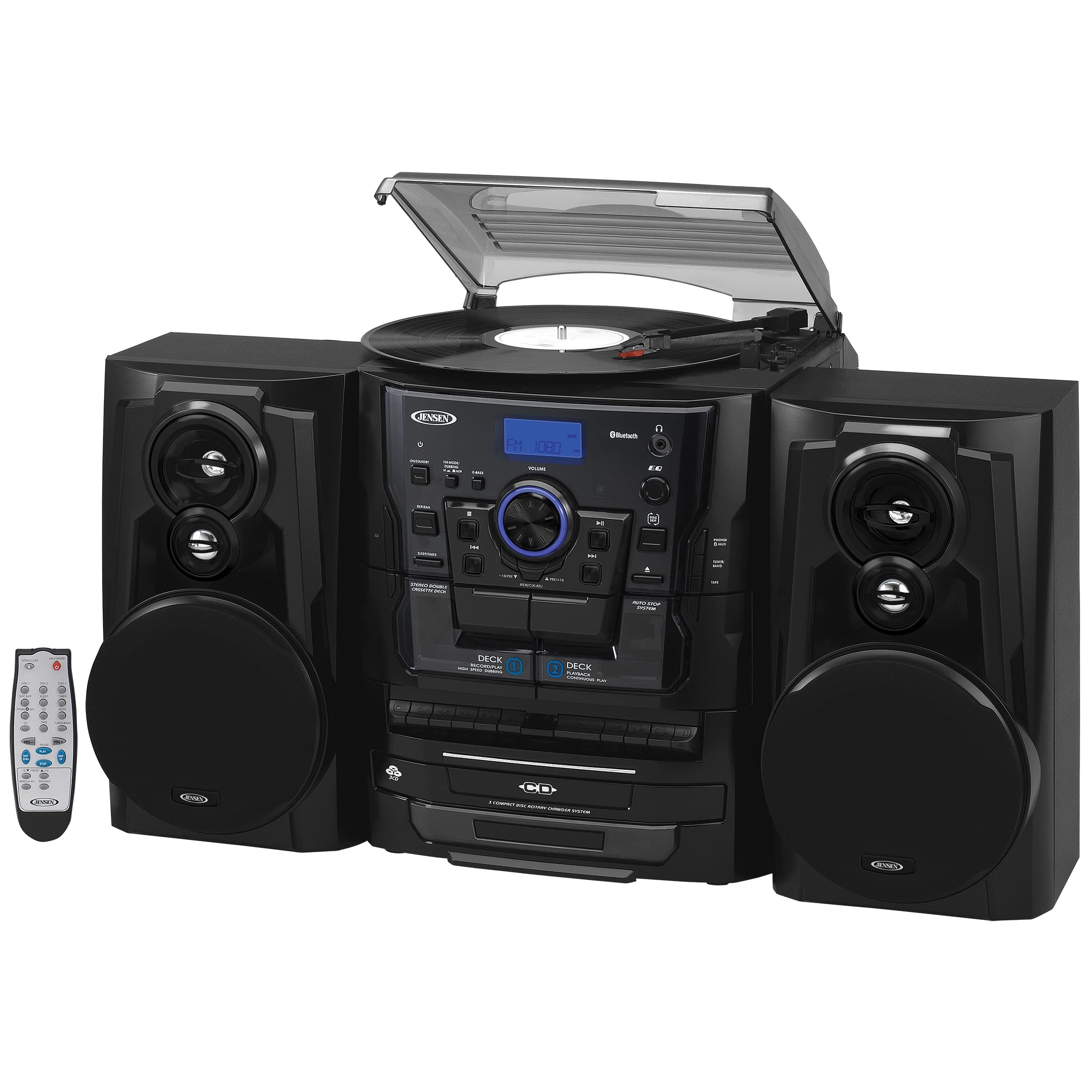 JENSEN® Bluetooth® 3 Speed Stereo Turntable 3 CD Changer Music System with Dual Cassette Deck, Pitch Control and Remote Control