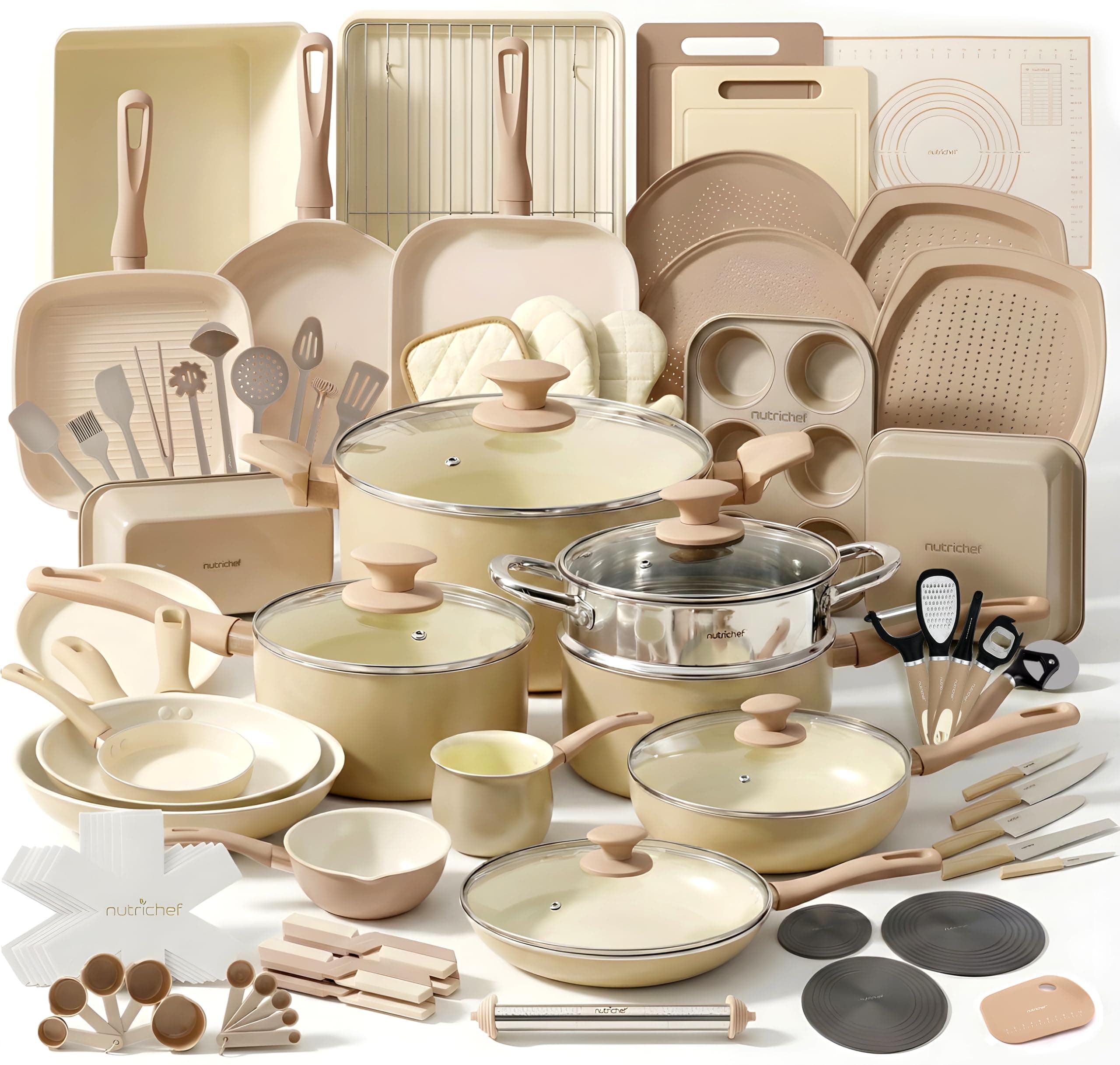 75-Piece Non-Stick Pots and Pans Set, Complete Ceramic Cookware Set with Bakeware, Utensils, Knife Set, & Accessories, Stain-Resistant, Food-Grade Safe, Cream/Brown