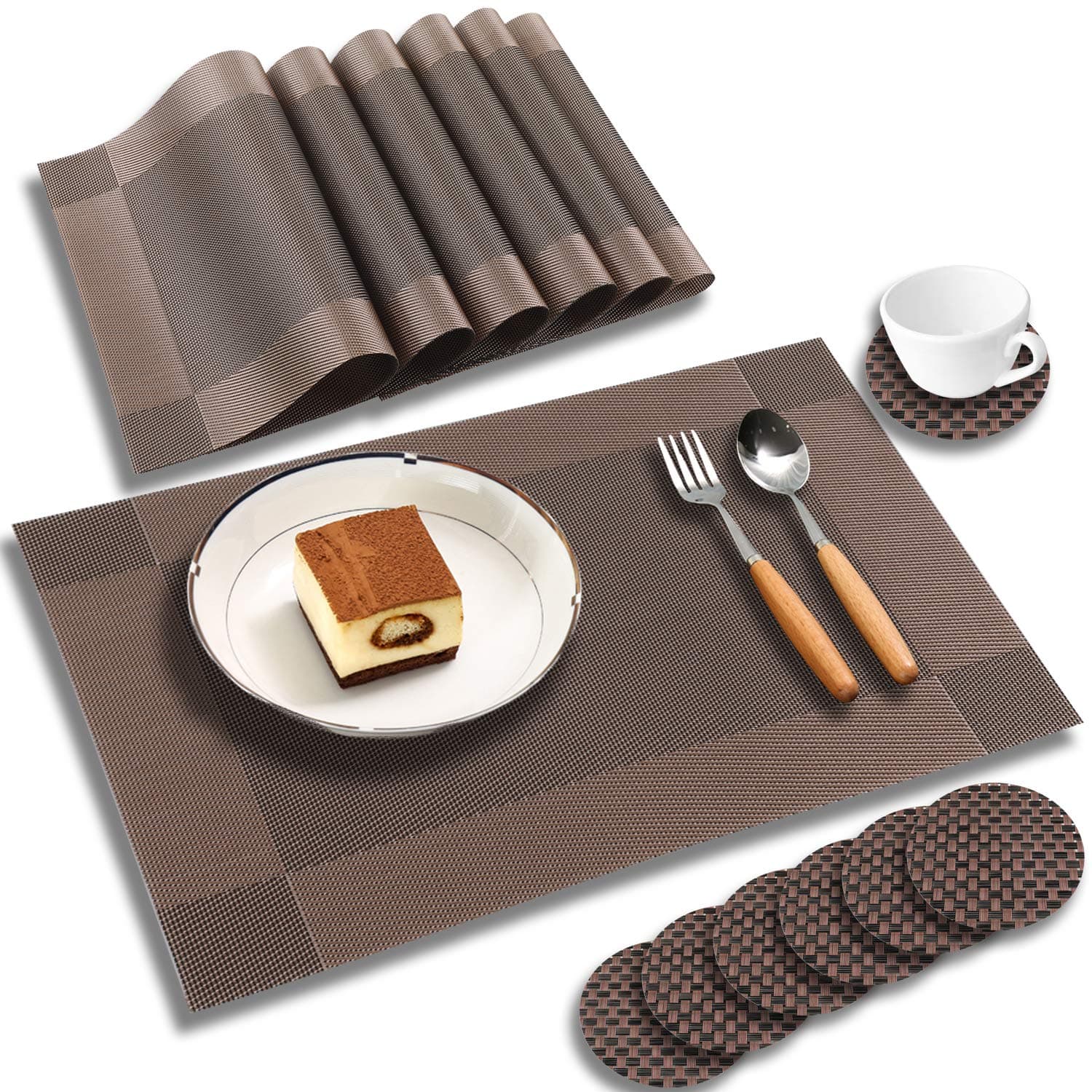 Placemats Set of 6 with Coasters for Dining Table Kitchen Table Mats Woven Vinyl Outdoor Mat Place Decor-Heat Resistant Stain Resistant Non-Slip Washable Easy Clean,Dark Brown