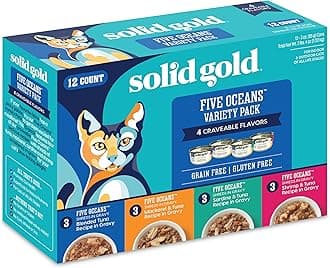 Solid Gold Wet Cat Food Variety Pack Shreds in Gravy - Healthy Canned Cat Food Made w/Real Tuna & Fish Protein & Vitamins - Grain Free & Gluten Free Canned Meals for Cats & Kittens - 12ct/3oz Can