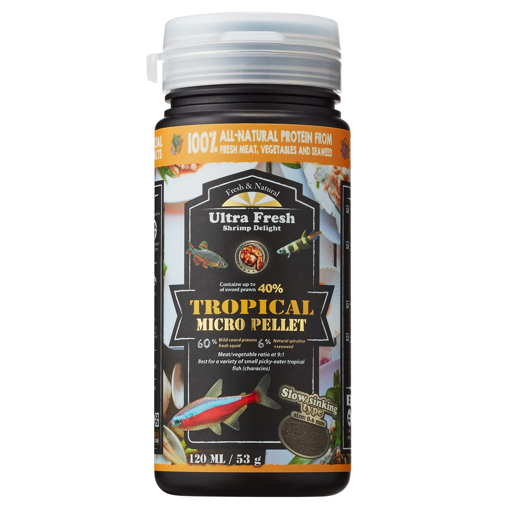 - Ultra Fresh Tetra Fish Food, Slow Sinking, All Natural Ingredients, Wild Sword Prawns, Spirulina, Color Enhancement, Small Granules , Tropical Micro Pellet 1.87 oz