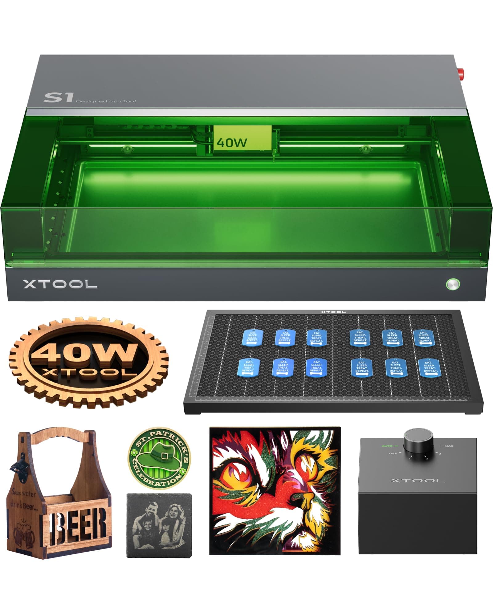 S1 40W Engraving Machine with Honeycomb Working Sheet & Air Assit, Auto Focus, Enclosed Cutter and Engraver Machine for Metal, Leather, Acrylic and Glass, Class I Safety