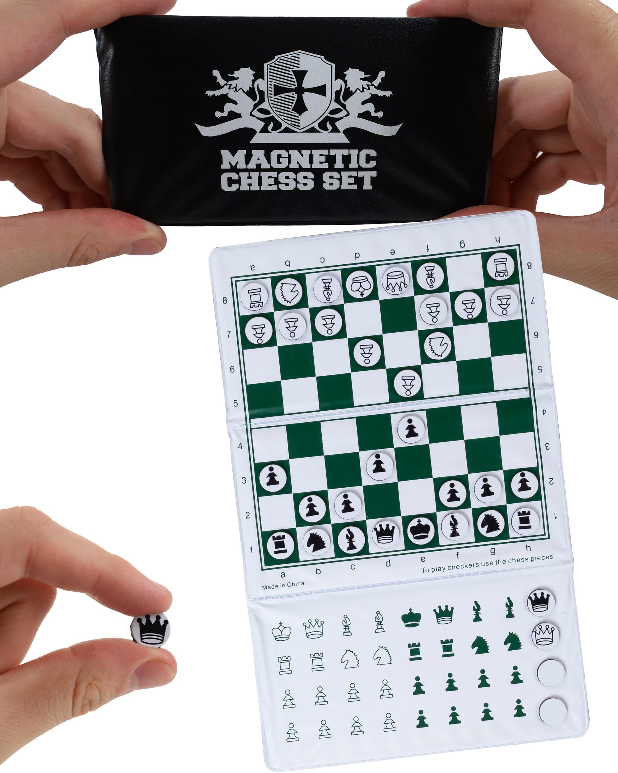 Mini Magnetic Travel Chess Set - 6" Foldable Board with Durable Vinyl Pieces & Extra Queens - Indoor & Outdoor Magnetic Chess Game - White Logo