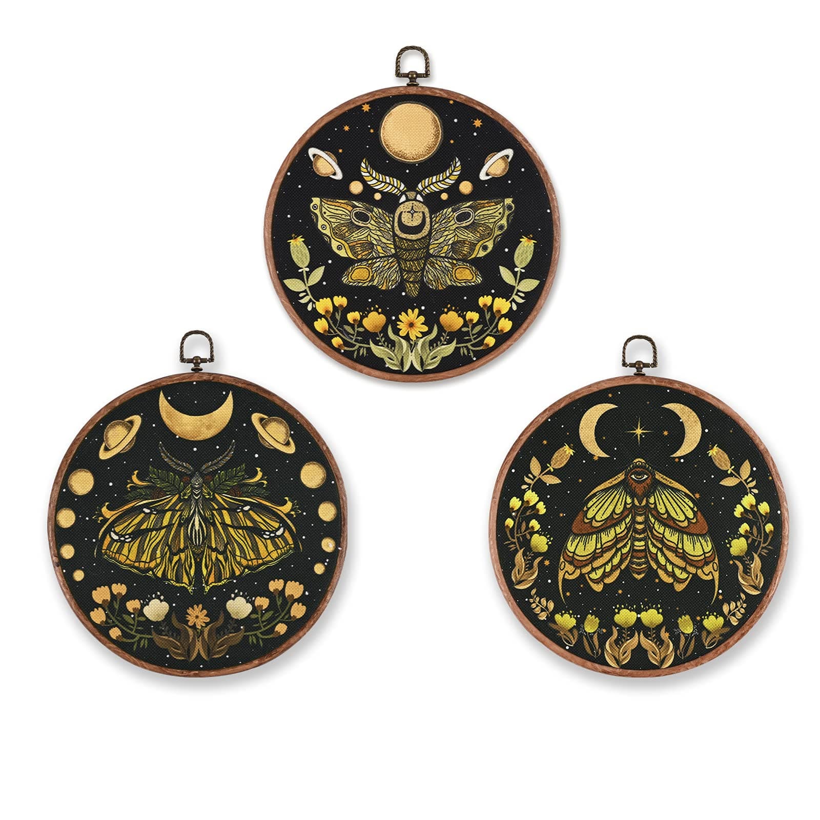 Uspring 3 Pcs Moon Prints Wall Art, Moth Canvas Prints Flower Vines Painting Artwork Floral Butterfly Prints Decor Wall Hanging for Bedroom, Hall, Living Room (Rubber Frame, 9.8 inches)