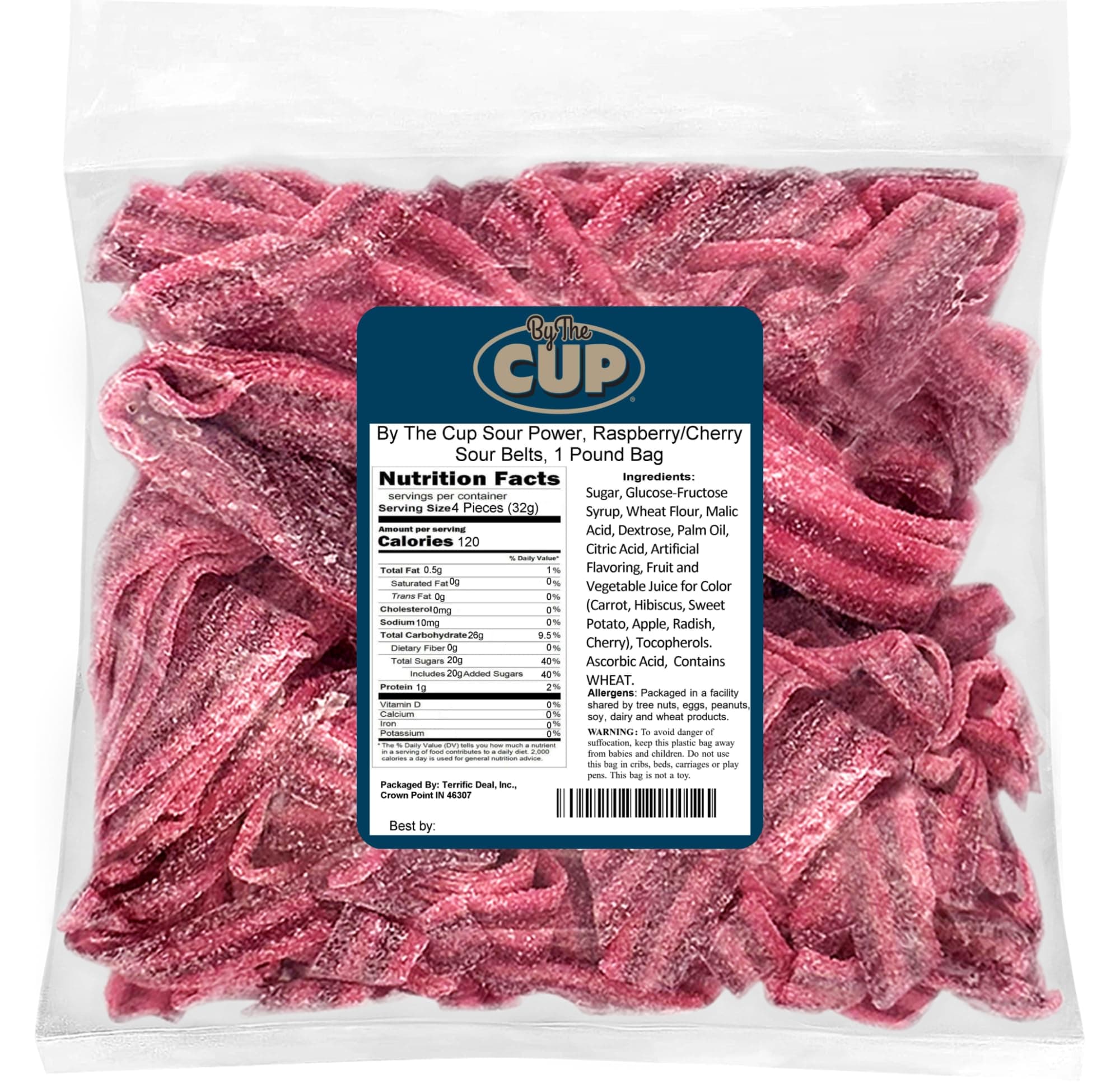 By The Cup Raspberry Cherry Sour Belts, 1 lb Bulk Bag