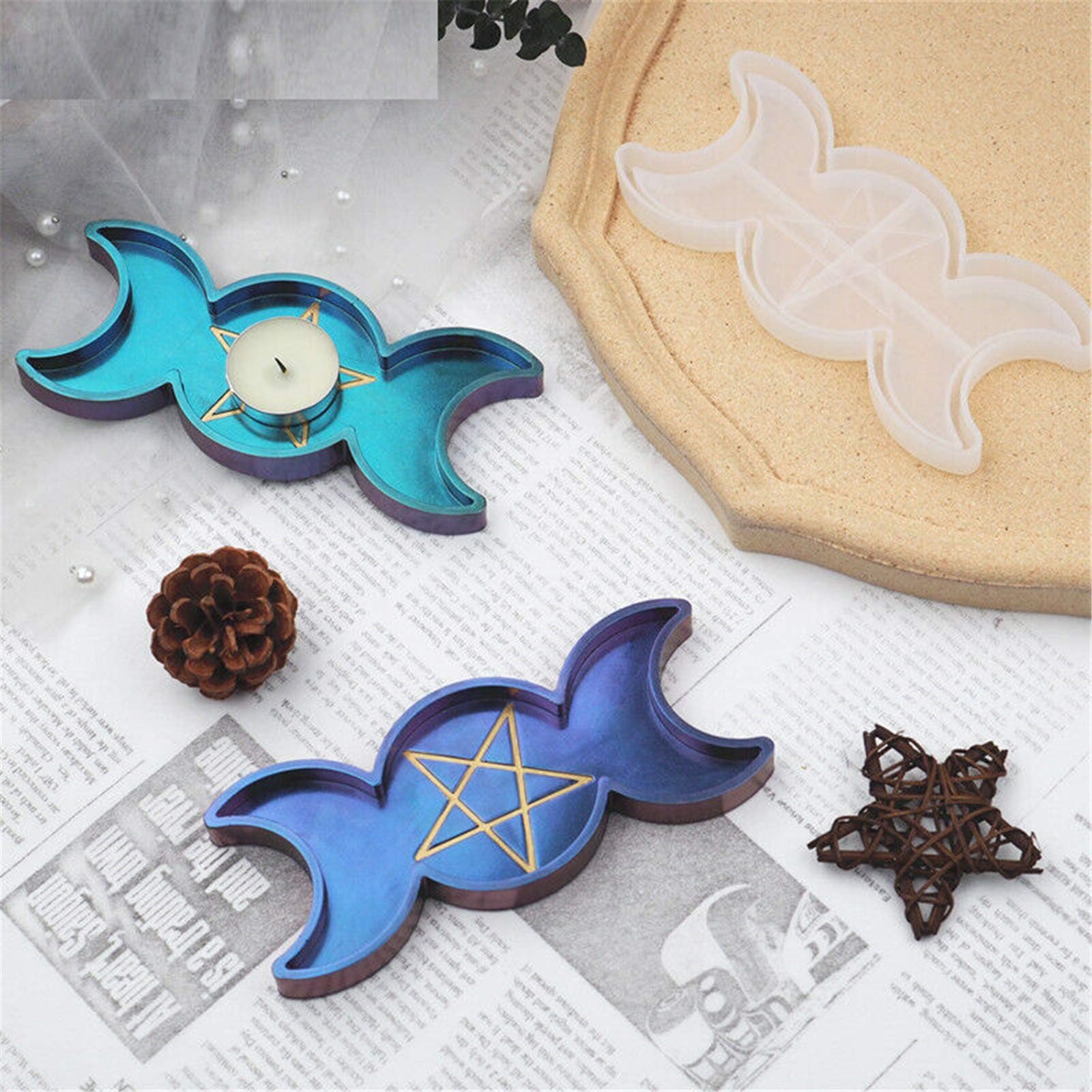 2pc Silicon Tea Light Candle Mould, Silicone Tea Light Candle Stand Holder Mold Resin Epoxy Mould Casting Craft Mould Tool DIY, Crystal Sun Moon Pentagram Mirror Silicone Mold