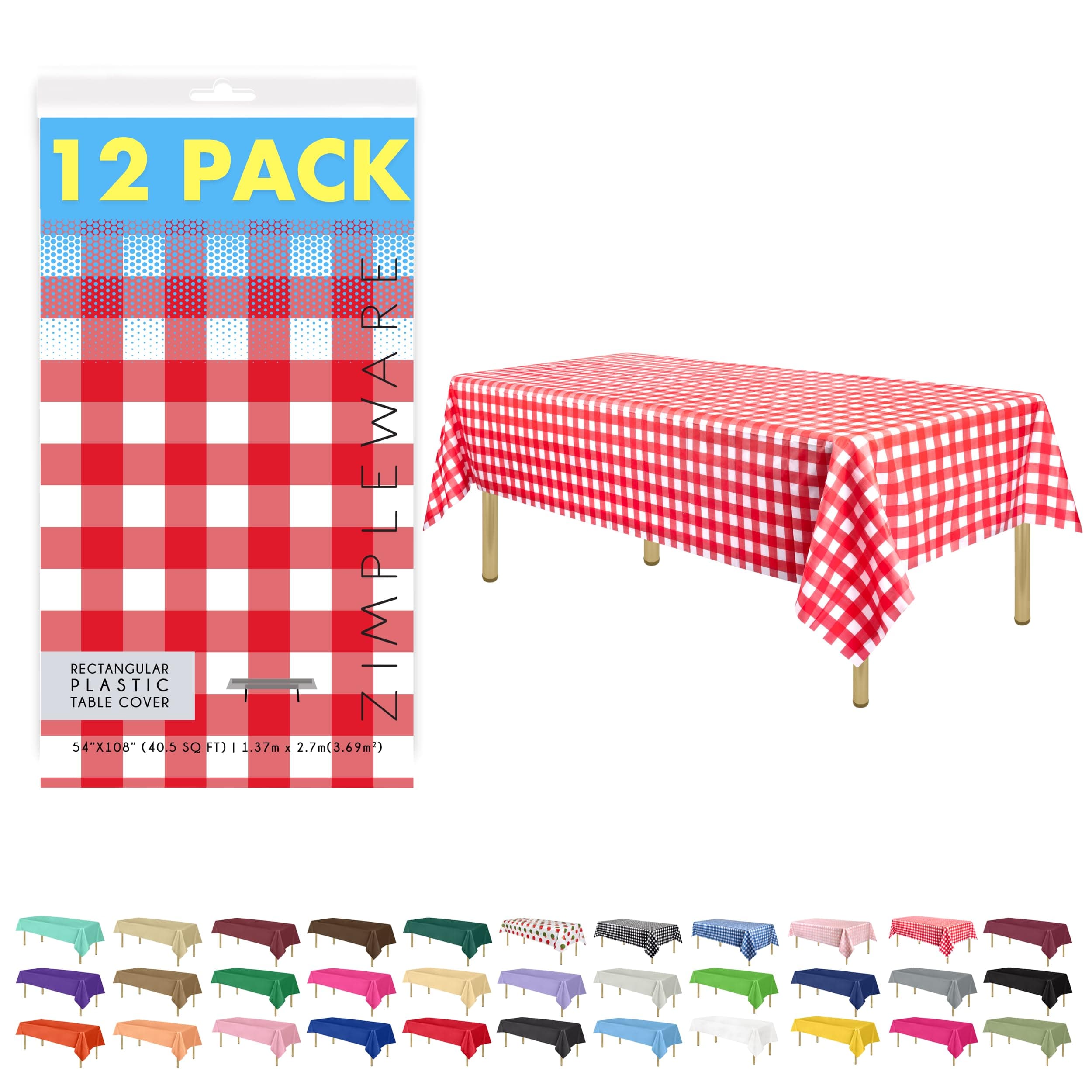 Premium Red Gingham Checkered Plastic Table Cloth Disposable (12 Pk) Plastic Tablecloths for Rectangle Tables (54in x 108in) Party Table Cloths Disposable for 6ft to 8ft Rectangle Tables