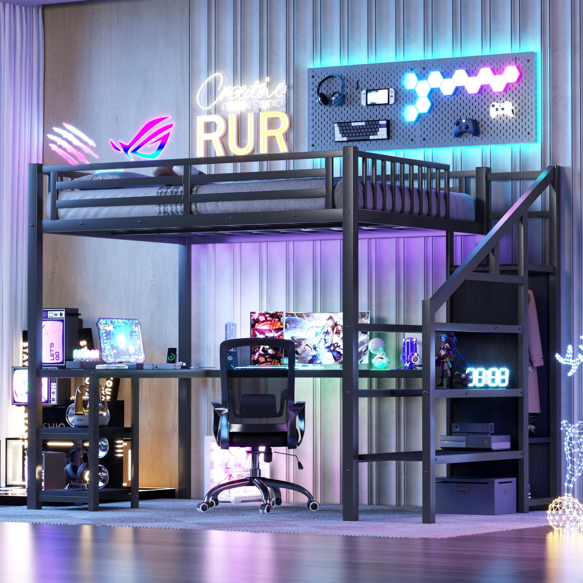 Full Size Loft Bed with Stairs and Desk, Metal Gaming Loft Bed with RGB LED Light, Heavy-duty Steel Loft Bed Frame with Storage Wardrobe, Shelves and Charging Station for Adults Kids Teens, Black