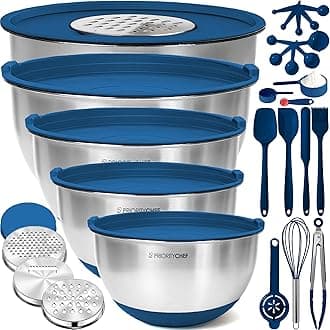 Priority Chef Premium Large 28Pc Stainless Steel Mixing Bowls with Lids Set, Non-Slip Base, Air Tight Lids, 3 Graters and Utensil Set, Large Metal Nesting Bowls for Kitchen, Blue