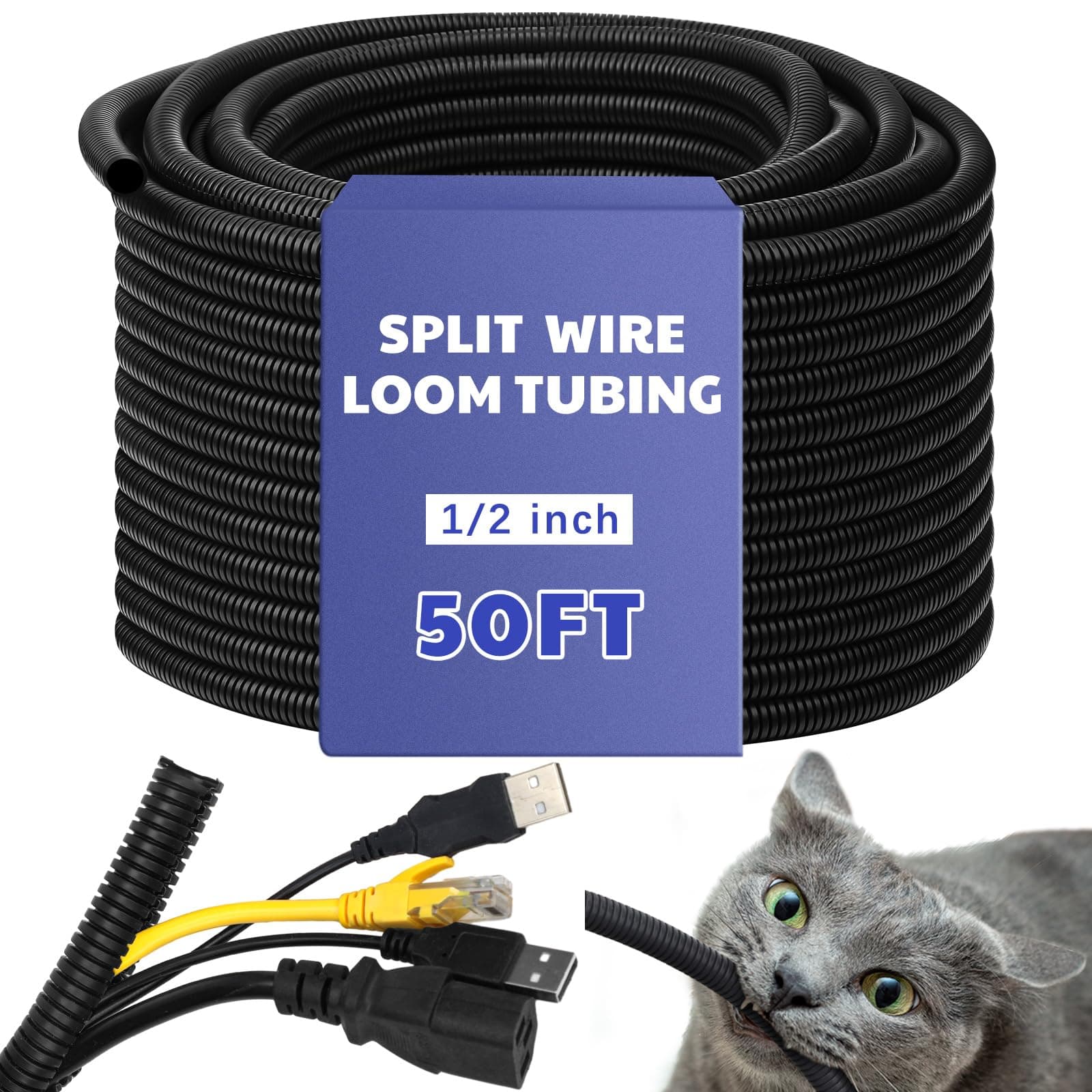 Split Flame Retardant Wire Loom High Temperature Cable Conduit Split Cable Sleeves Split Wire Loom Tubing Auto Wire Conduit for Industrial Electrical Wires Automotive Marine(1/2''-50 ft,Black)
