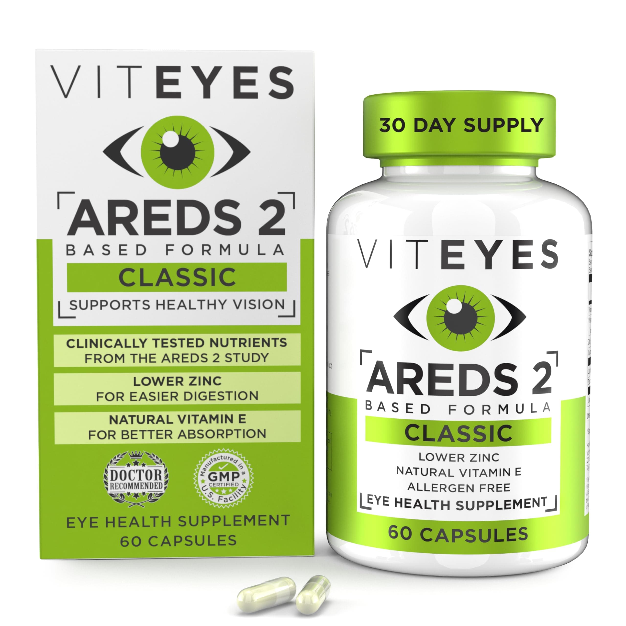 Viteyes AREDS 2 Eye Vitamins, Now with Natural Vitamin E, Smaller Capsules, Lower Zinc, Allergen Free, Lutein, Zeaxanthin, Manufactured in The USA, Eye Doctor Trusted, Classic Macular Support, 60 Ct
