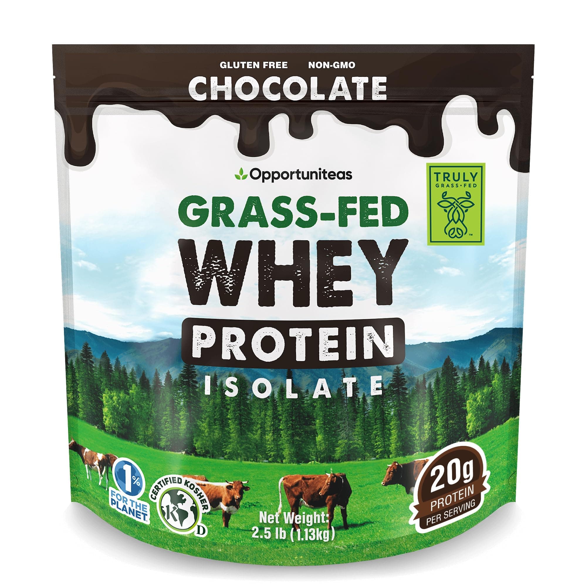 Opportuniteas Grass Fed Chocolate Whey Isolate Protein Powder – 20 g Protein, Heavy-Metal Tested, Made with Organic Cacao & Organic Cane Sugar, Non-GMO, Hormone-Free, Sourced from Ireland, 2.5 lb