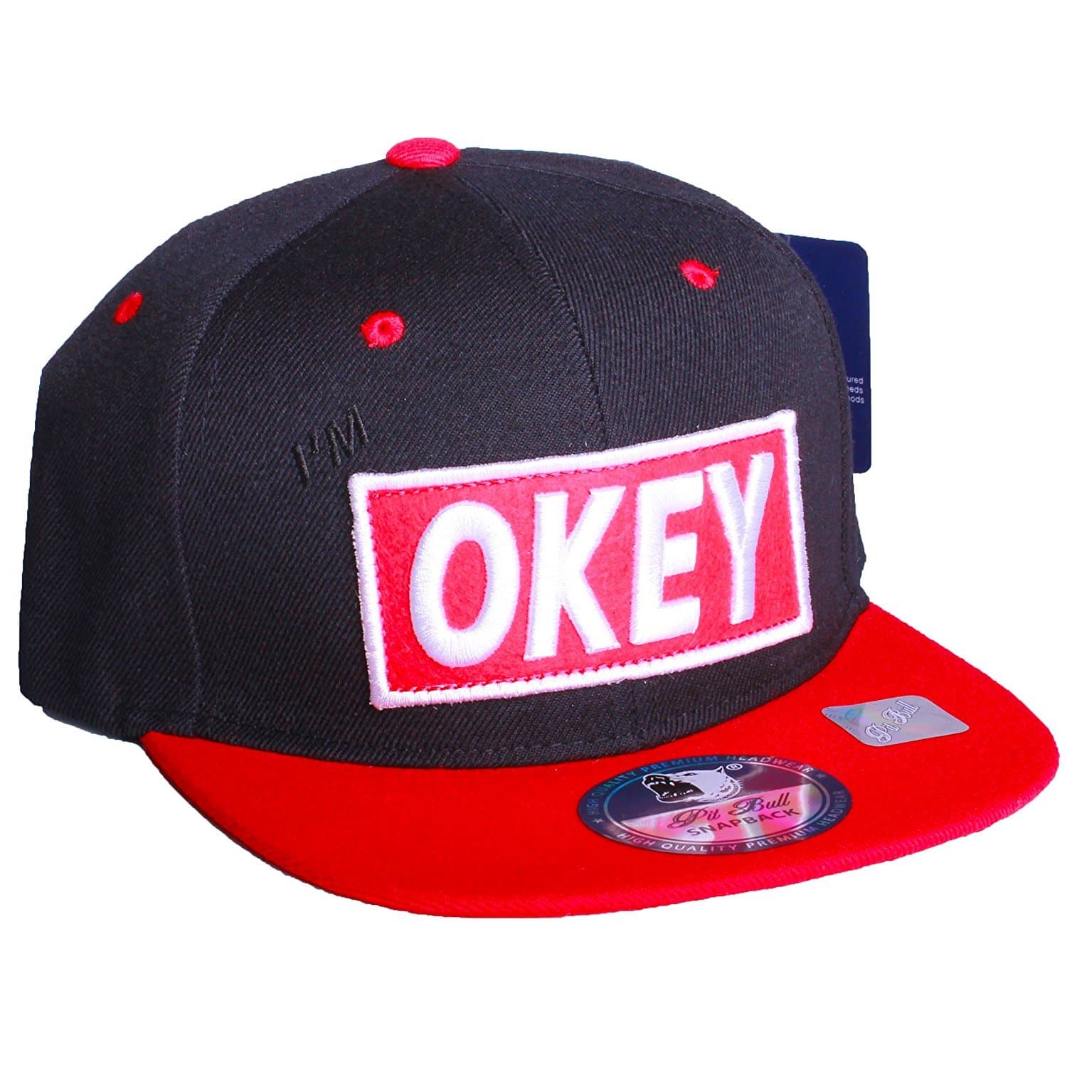 American Cities Pitbull I'm Okey Flat Bill Snapback Hat Cap (One Size, Black Red Red) [Apparel]