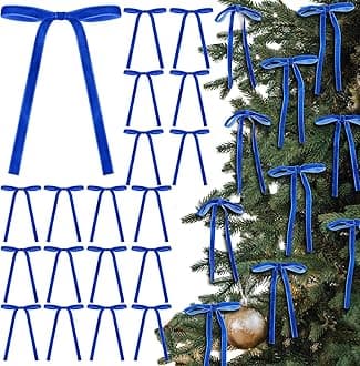 Royal Blue 24 Pcs Velvet Bows Christmas Tree Ornaments Valentines Day Bows Decoration for Garland Home Coquette Wedding Decor (5 x 7 Inch,Width of 3/8")