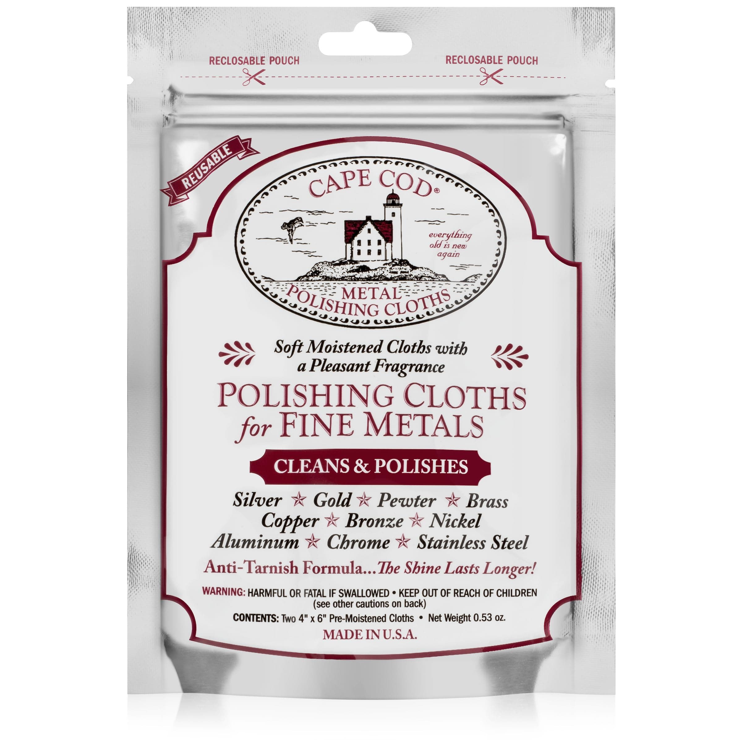 Cape Cod Metal Polish Cloths, 2 x 4" x 6", Compatible with Copper, Brass, Stainless Steel, Pewter, Aluminum, Metal, Nickel