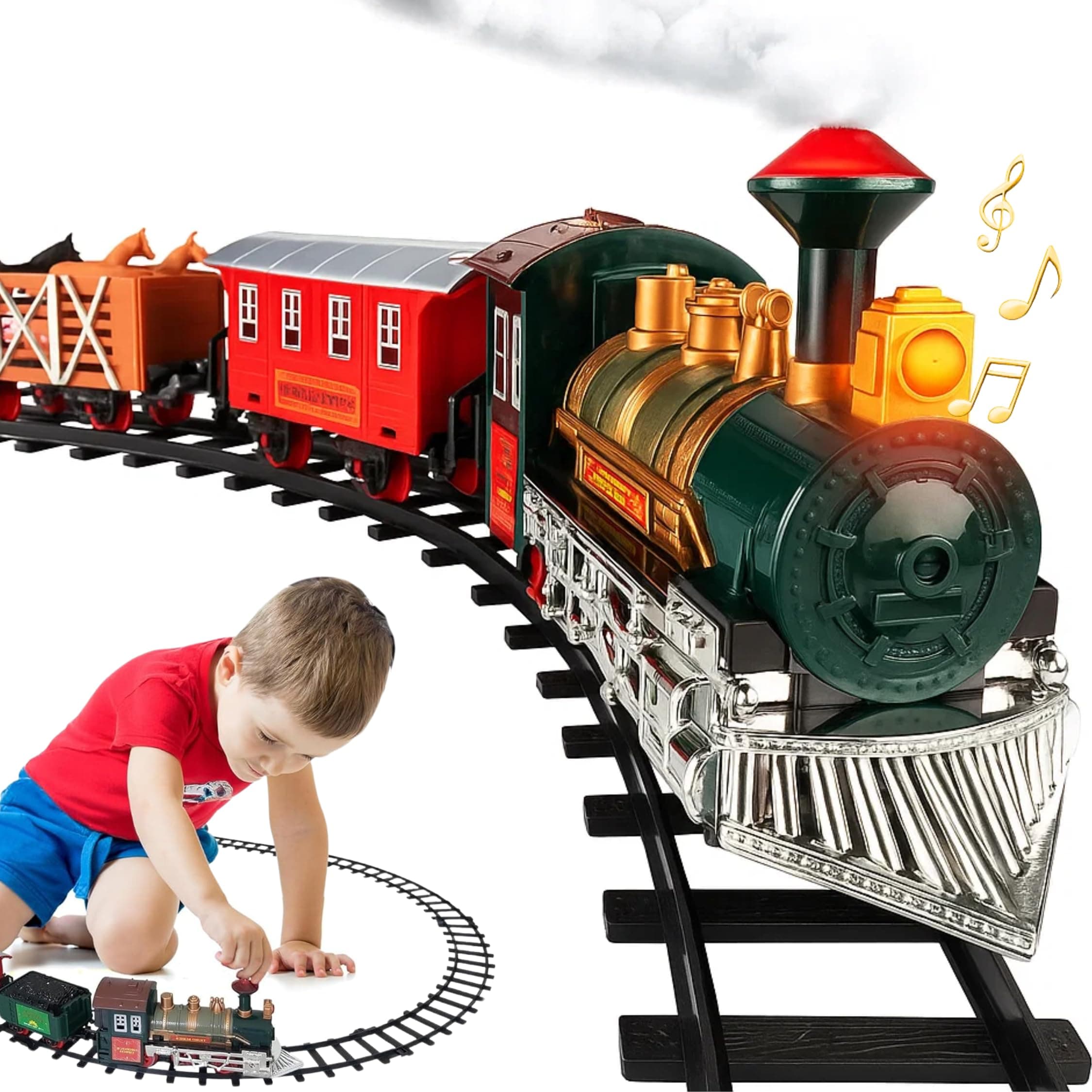 Electric Train Set for Kids Ages 4-8 | Train Set for Kids Ages 4-8 | Battery Powered Trains Sets with Lights & Sounds, Steam Locomotive Engine, Horses & Tracks - Classic Railway Toy Gift