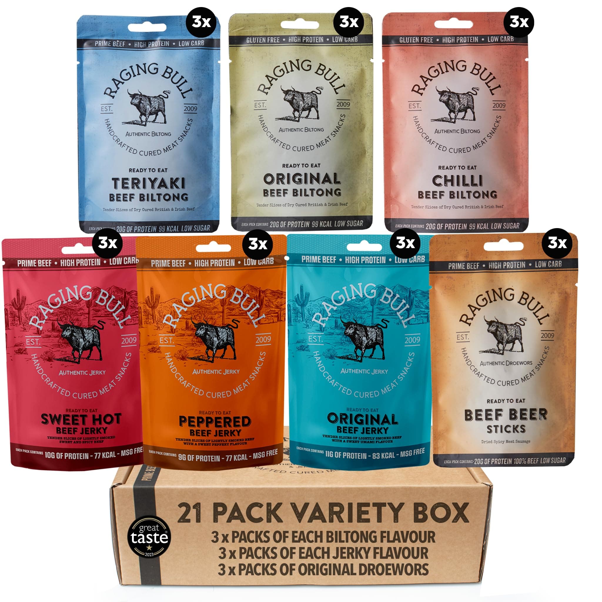 Beef Snack 21 Pack Combo - 3 Packs Beef Biltong, Beef Jerky & Droewors - Jerky & Biltong Sets - High Protein Snacks - Grass Fed Beef Biltong - Low Carb Keto Snacks - Carnivore Meat Snacks