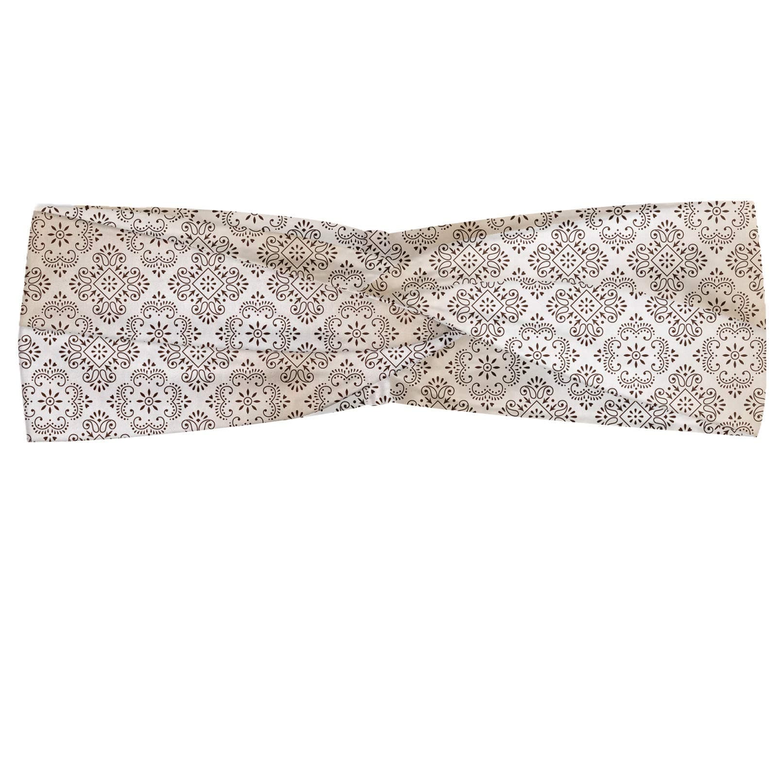 ABAKUHAUS Beige and Brown Headband, Classical Rococo Pattern with Abstract and Scroll Motifs, Elastic and Soft Women's Bandana for Sports and Everyday Use, Beige and Brown