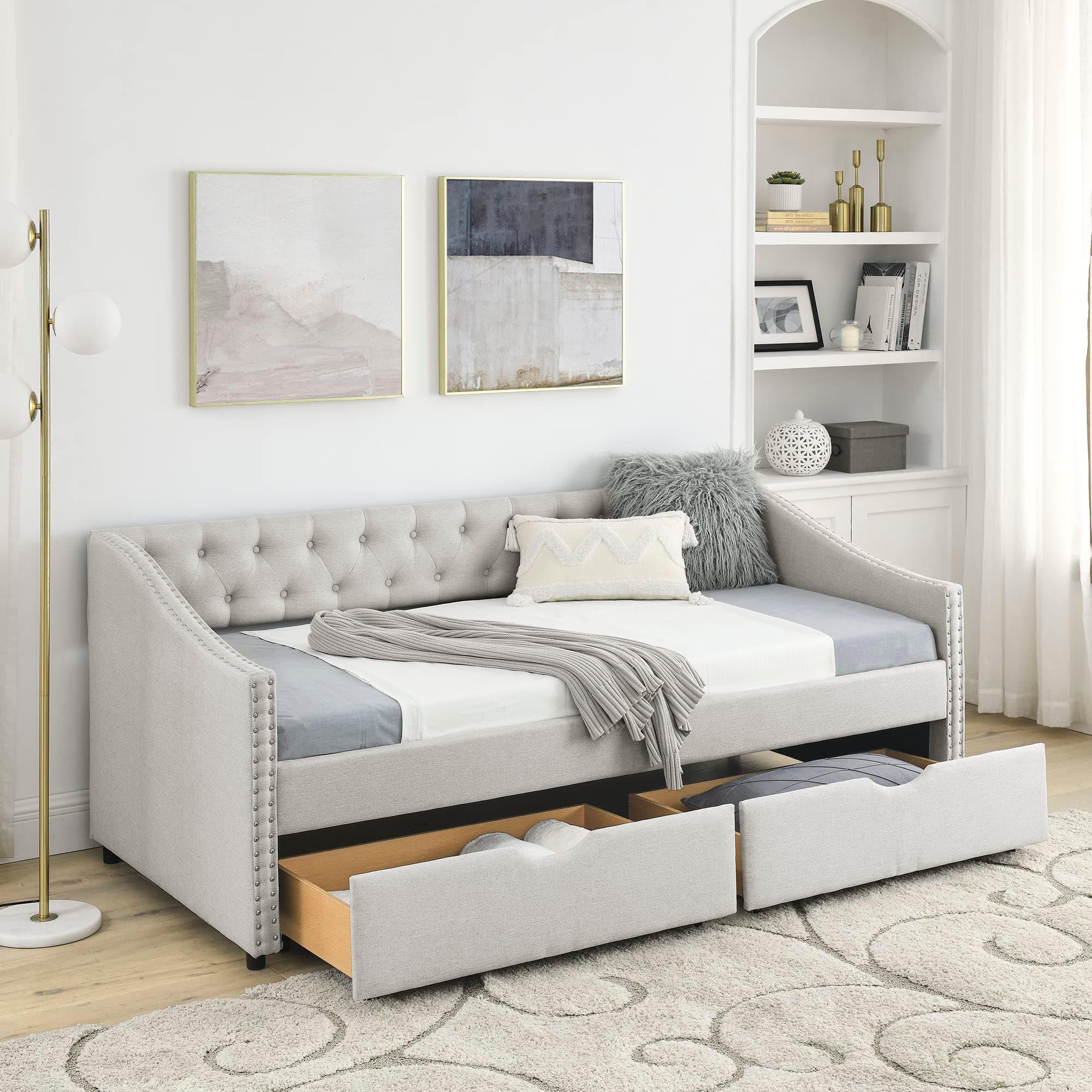 HomSof Twin Size Daybed with Drawers Upholstered Tufted Sofa Bed with Button on Back and Copper Nail on Waved Shape Arms, Beige