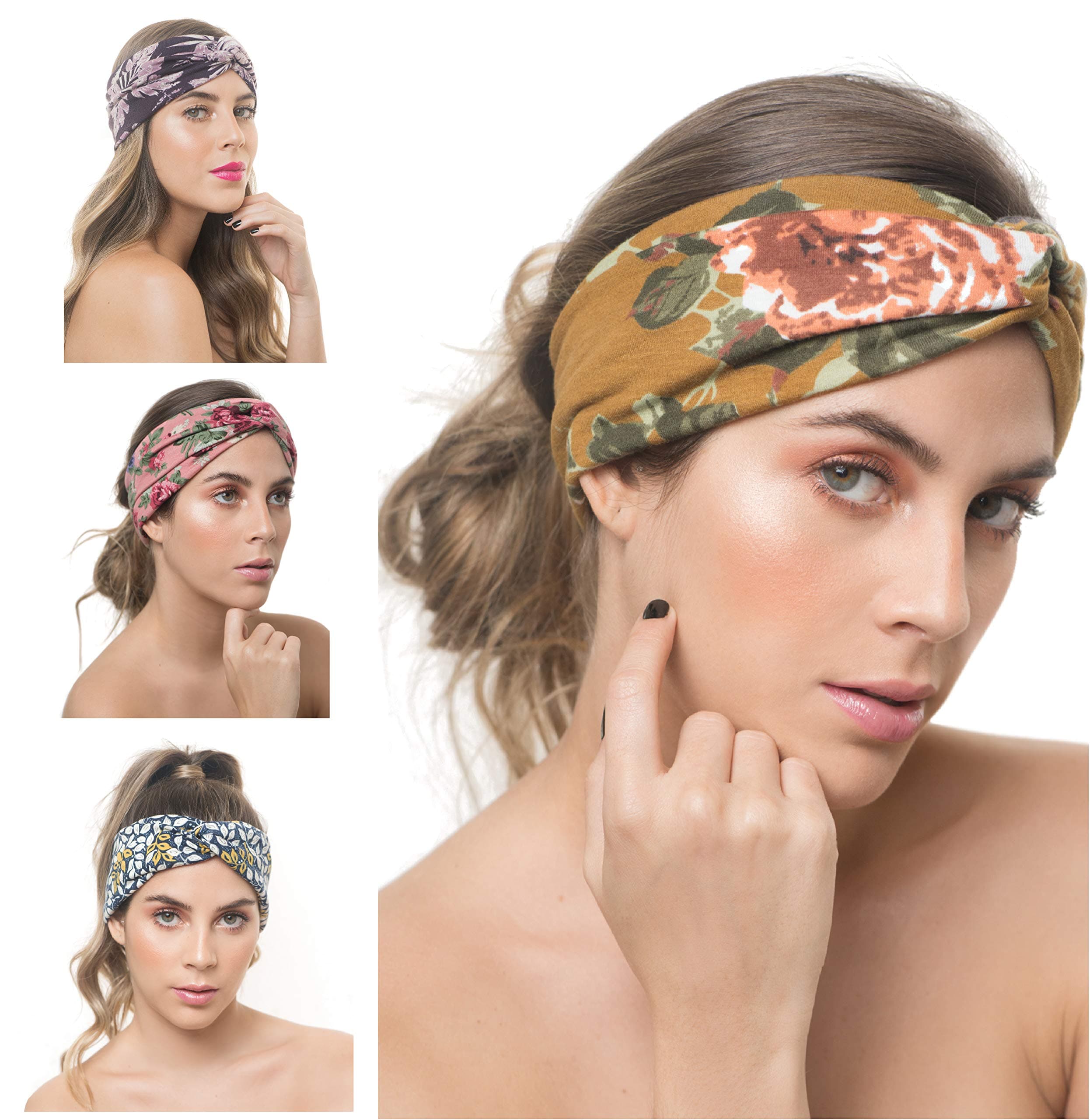 4 Pack Boho Bandeau Headbands Wide Thick Knotted Head wraps Stretch Turbans Cute Twisted Hair wraps Bandanas Criss Cross Head bands Fashion Designer Hair bands for Women Diademas para Mujer de Moda