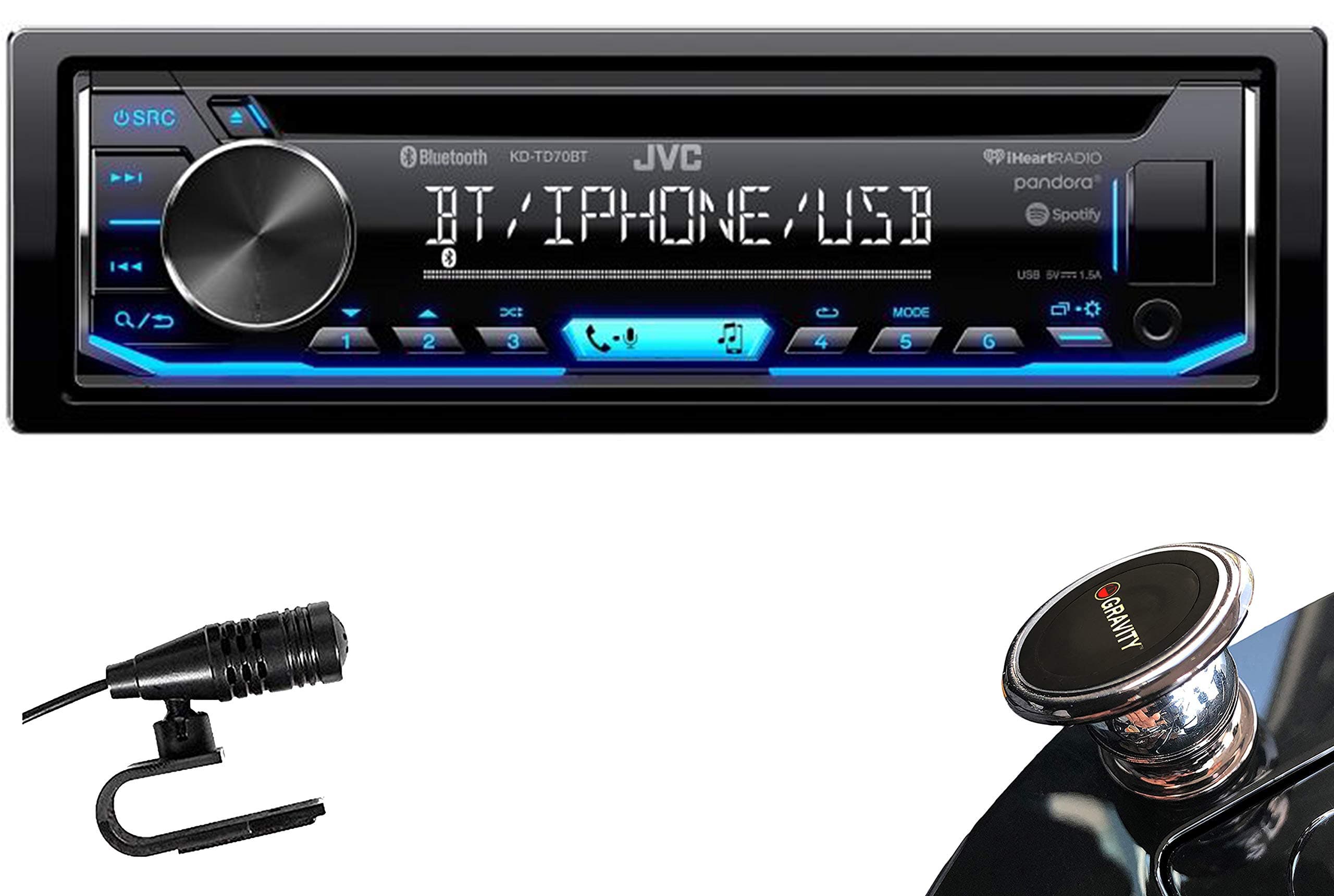 JVCKD-TD70BT Single DIN Bluetooth In-Dash CD/AM/FM/Digital Media Car Stereo Receiver w/ LCD Text Display ft. Pandora/Spotify/iHeartRadio Control + Gravity Mobile Bracket