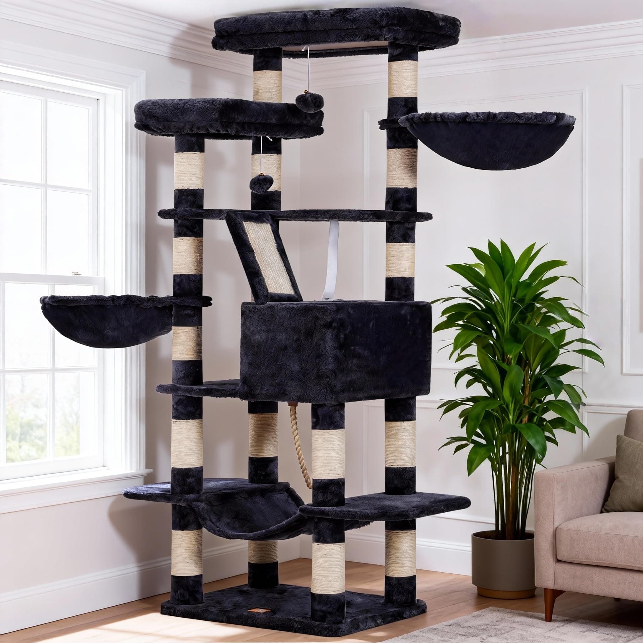 Heybly Cat Tree, 68 inch Multi-Level Cat Tower for Indoor Cats, 2 Widened Plush Perches Cat Condo with Scratching Board and Big Caves, Smoky Gray HCT025G