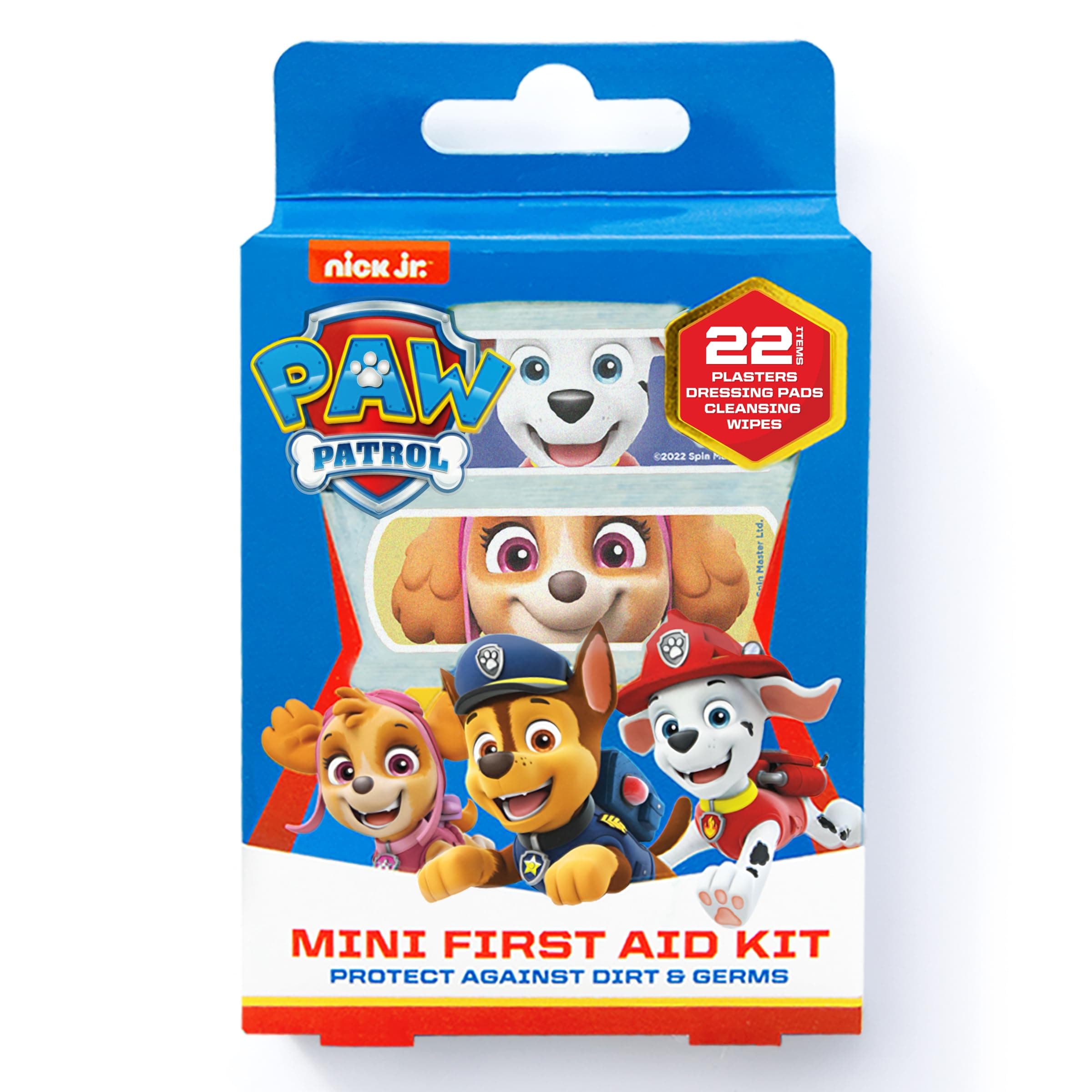 Paw Patrol Childrens Plaster First Aid Kit Including Saline Solution Wound Cleansing Wipes/Dressing Pad (Latex Free/Hypoallergenic/Wash proof/Breathable, Multicolour, 22 count