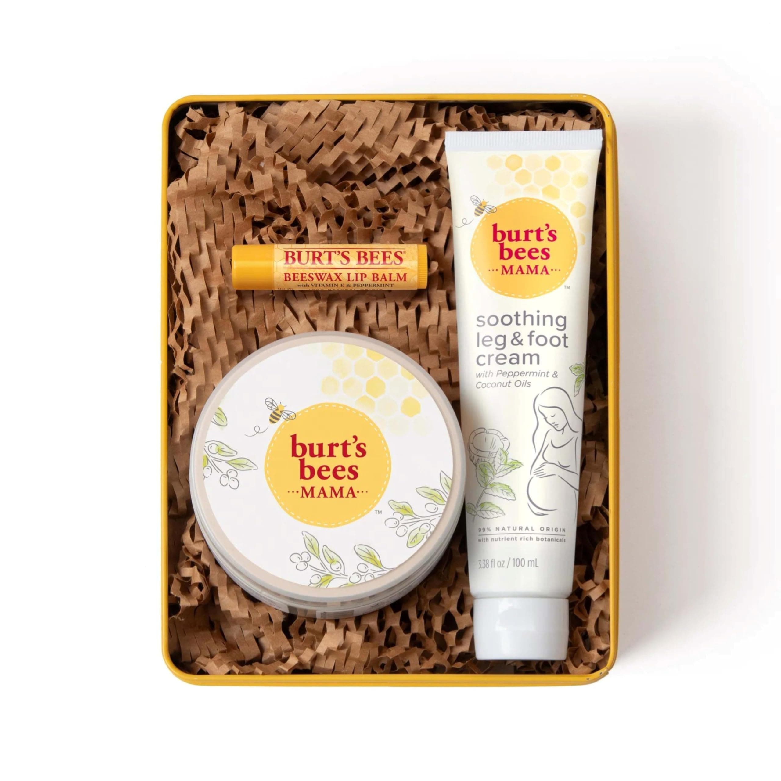 Burts Bees Mama Bee Gift Set with Tin, 3 Pregnancy Skin Care Products - Leg & Foot Cream, Belly Butter and Original Beeswax Lip Balm