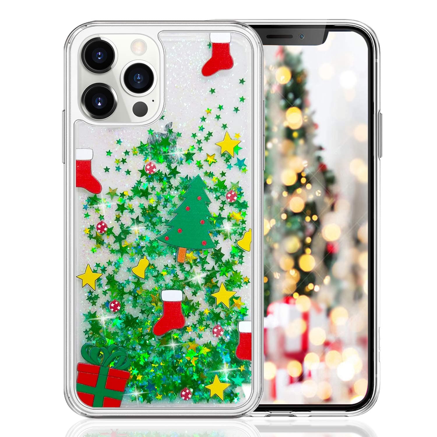 LUVI for iPhone 12 Pro Max Christmas Case Liquid Glitter Bling Sparkle Funny Moving Quicksand Flowing Waterfall Cover Rudolph Santa Claus Fashion Luxury Case for iPhone 12 Pro Max 6.7 inch Green