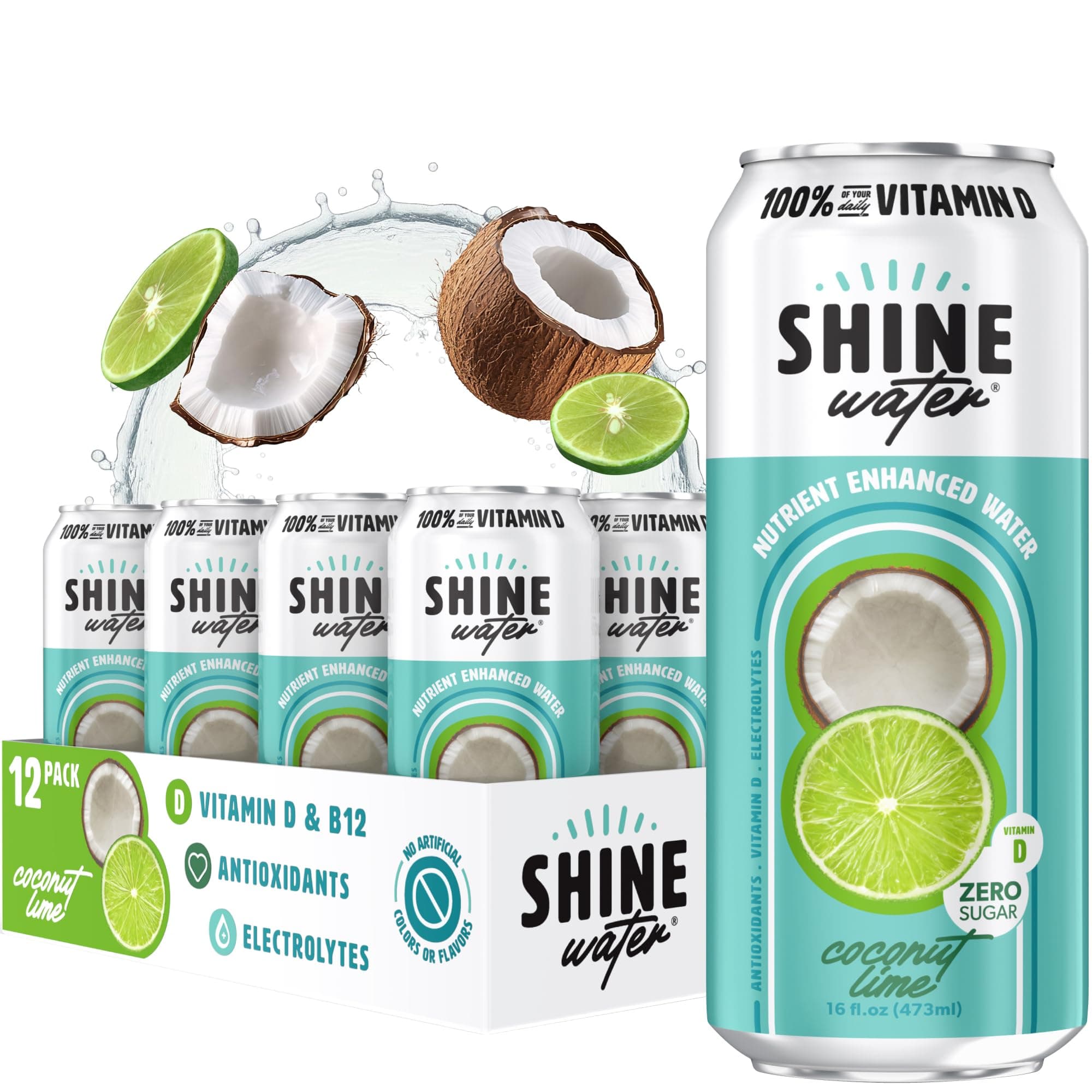 Shine Water Coconut Lime Vitamin D Electrolyte Drinks 12-Pack, Sugar Free Flavored Water with Magnesium, Zinc & Antioxidants, Low Calorie Hydration Beverage, Plant-Based Vitamin Water Zero Sugar