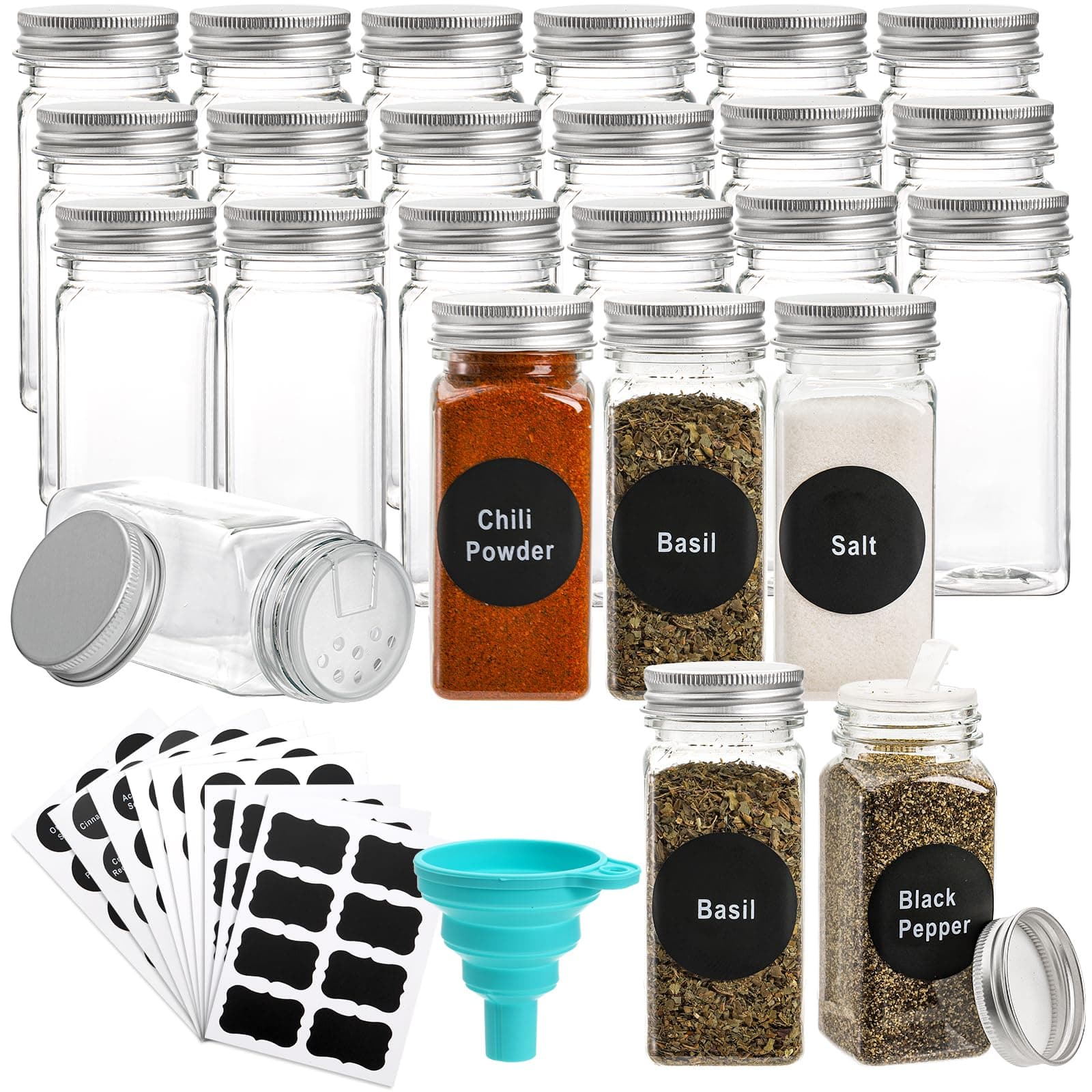 WUWEOT 24 Pack Plastic Spice Jars, 120ml Spice Bottle Square Seasoning Containers, Reusable Salt Pepper Shaker with Airtight Lid Labels, Funnel for Spice, Herbs, Powder and Glitters