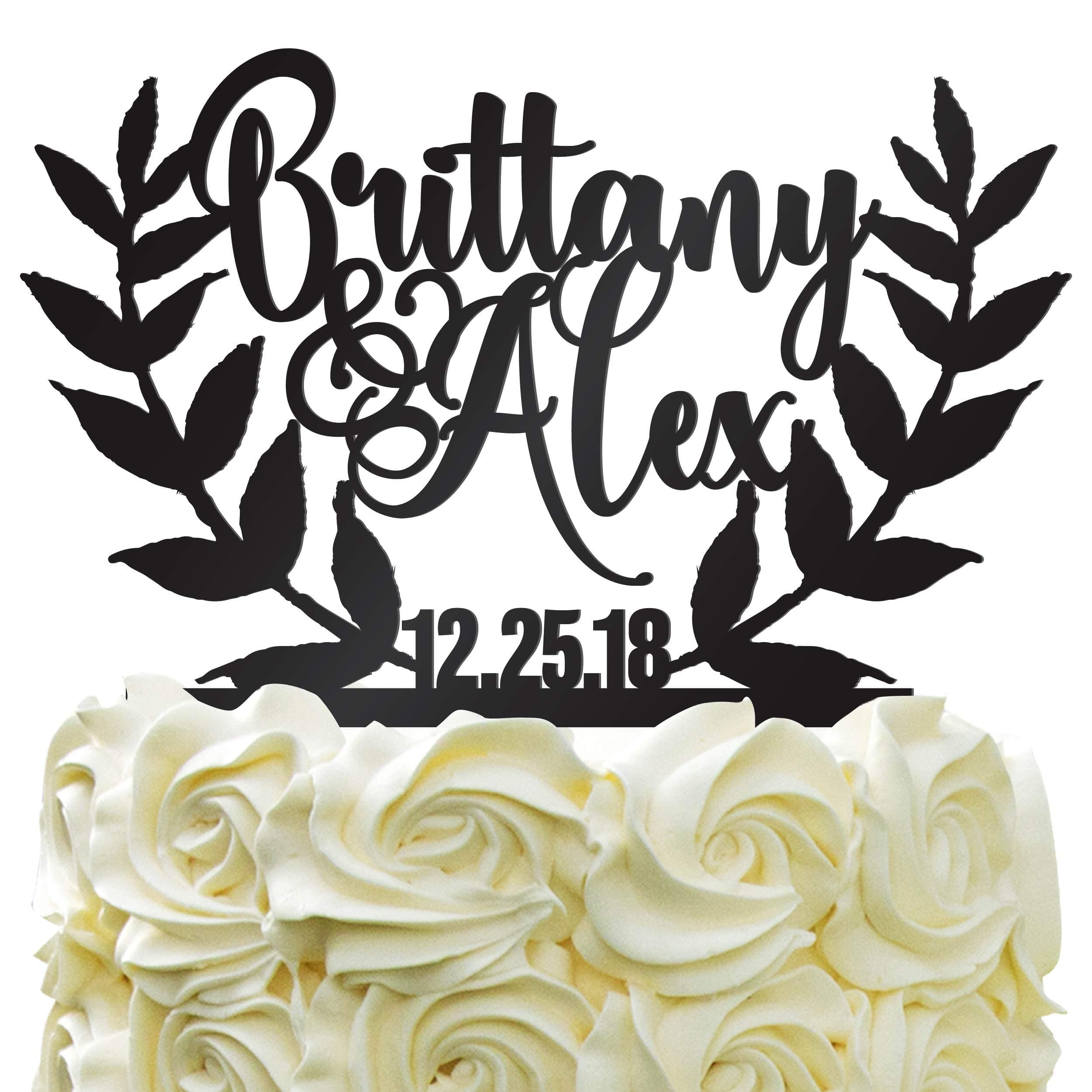 Personalized Wedding Cake Topper Wedding Cake Decoration Leaves Vector Bride Groom Name With Date Color Acrylic - Solid Colors
