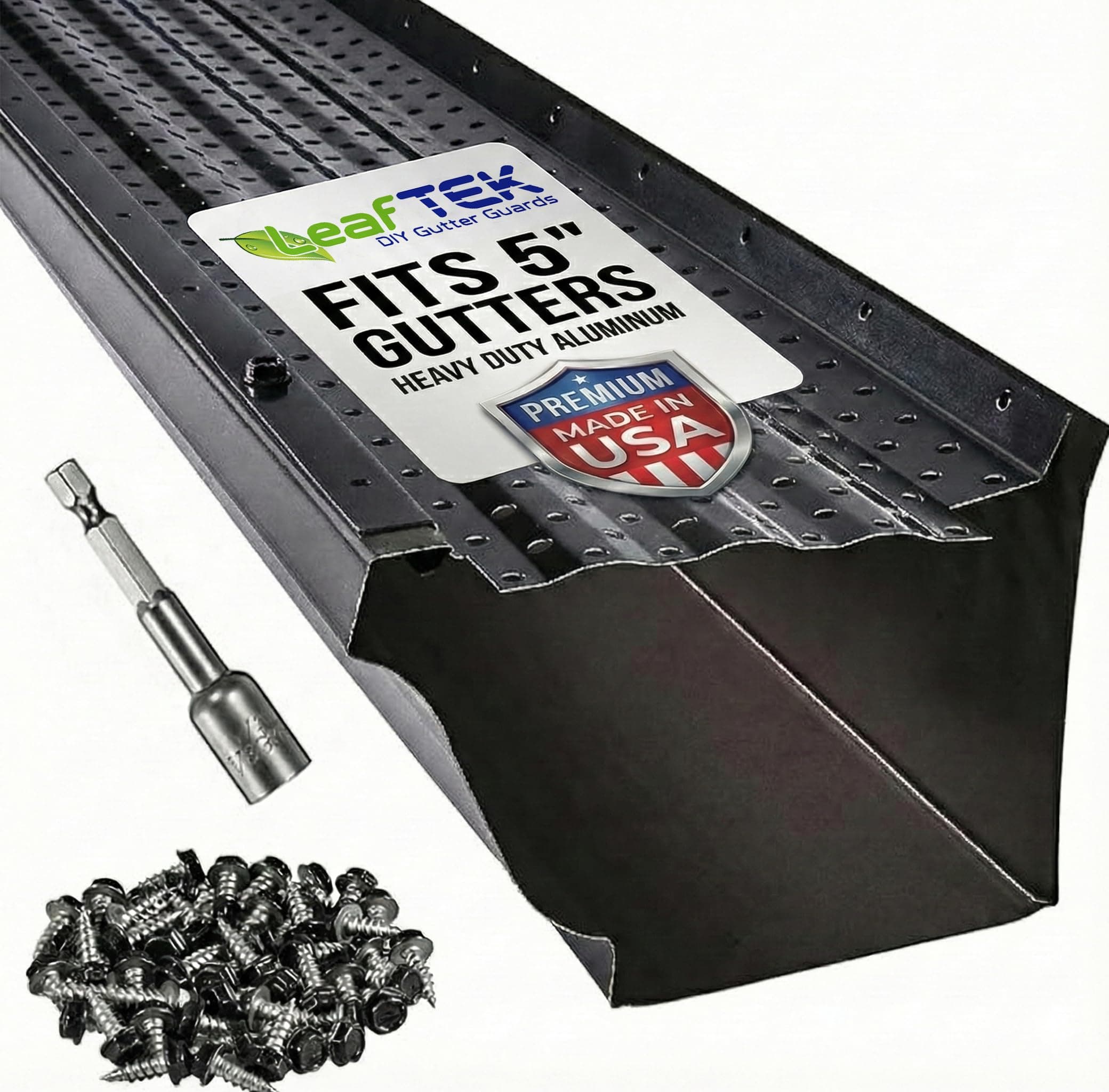 LeafTEK Heavy-Duty Aluminum Gutter Guard System 100 FT – Contractor-Trusted Leaf & Debris Protection – DIY Install Kit with Screws & Driver – Made in USA – Fits 5” Residential Rain Gutters (Black)