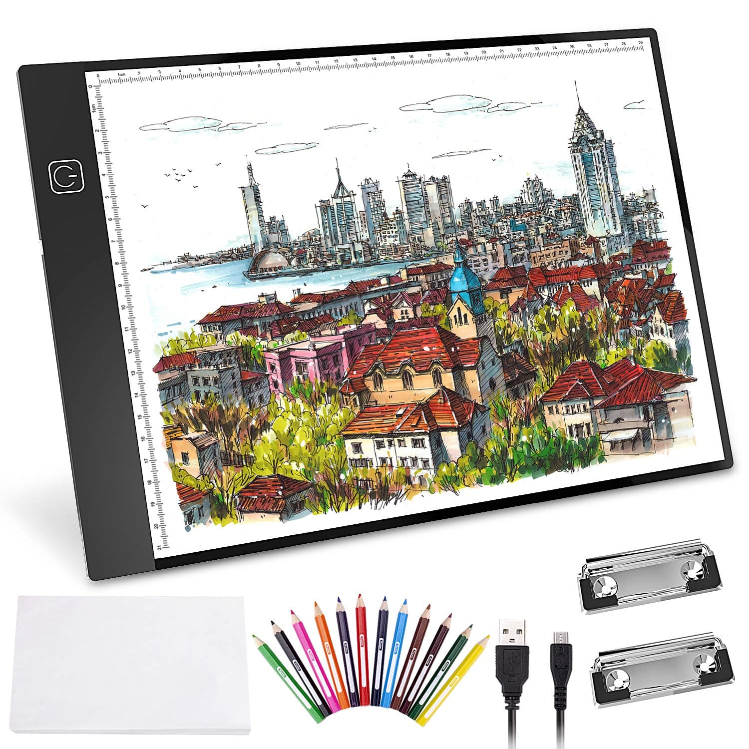 Light Box for Tracing, Ultra-Thin A4 LED Light Pad USB Power Dimmable Brightness Light Board for 5D DIY Diamond Painting Artists, Drawing Sketching Stenciling Animation with 12 Color Pencils