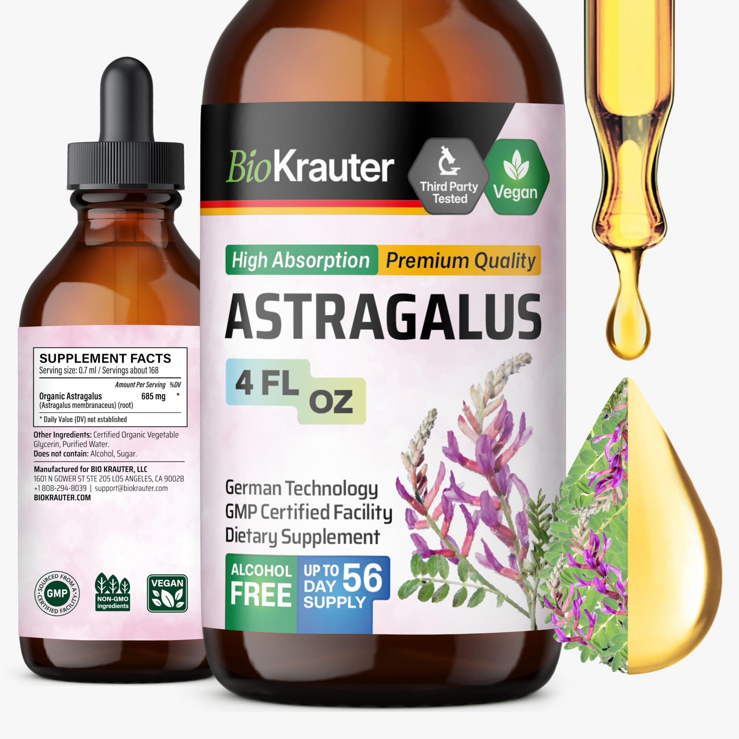 BIO KRAUTER® Astragalus for Immune Support - Vegan Astragalus Root Herbal Supplements 685 mg for Daily Wellness - Liquid Extract 4 Fl.Oz., 56 Days of Supply, Alcohol & Sugar Free