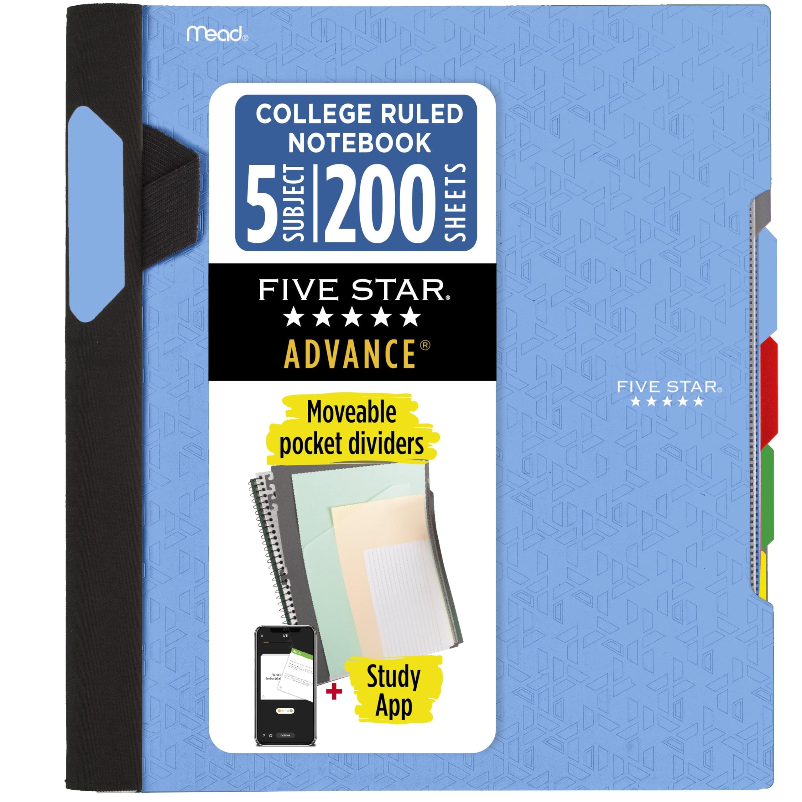FIVE STAR Advance Spiral Notebook + Study App, 5 Subject, College Ruled Paper, 27.9 cm x 21.6 cm, 200 Sheets, With Spiral Guard and Movable Dividers, Pacific Blue, 1 Count (73150)