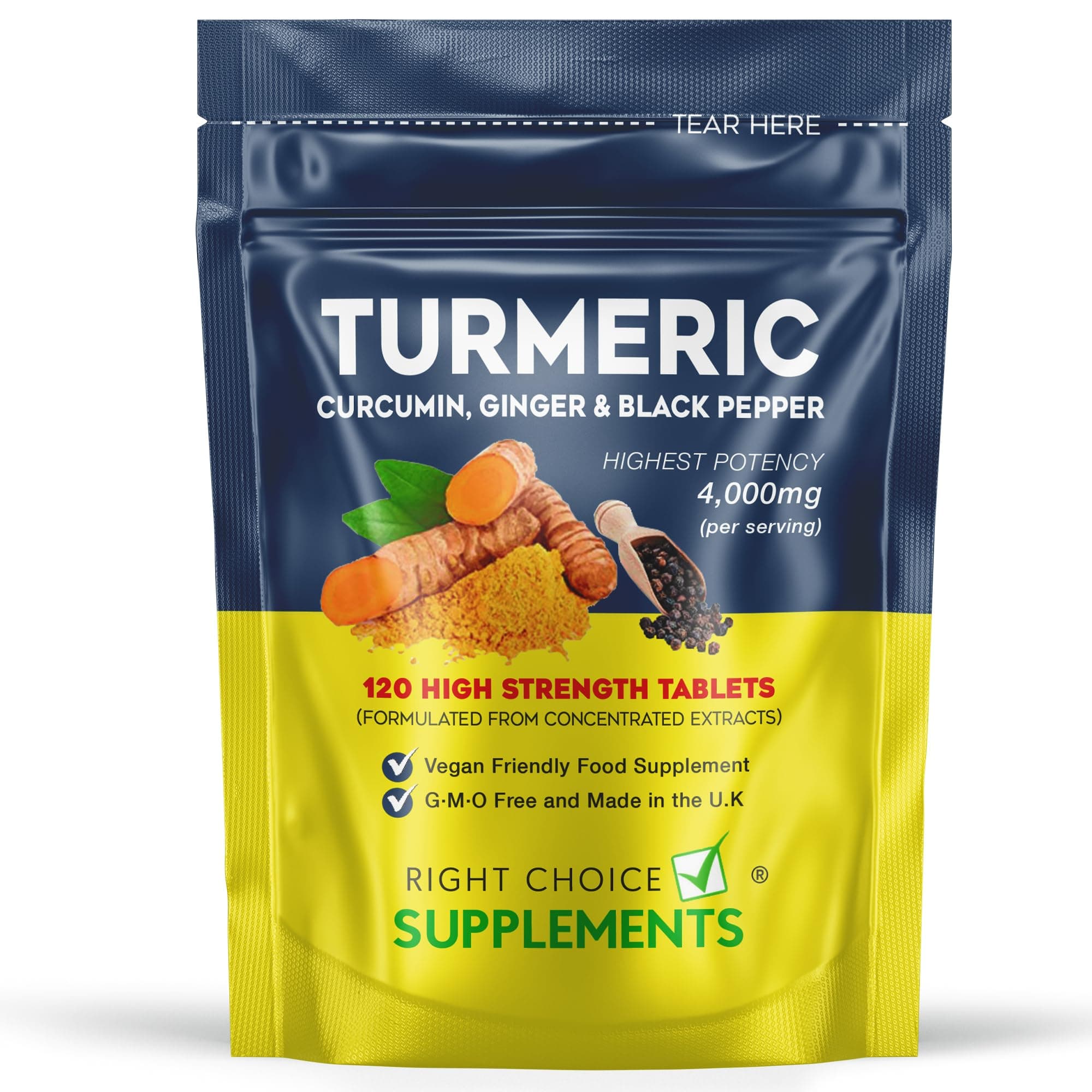 – Turmeric, Ginger & Black Pepper 4000 mg Tablets (per Serving), High Strength Curcumin Supplements, Vegan and Gluten Free, UK Made, 120 Count