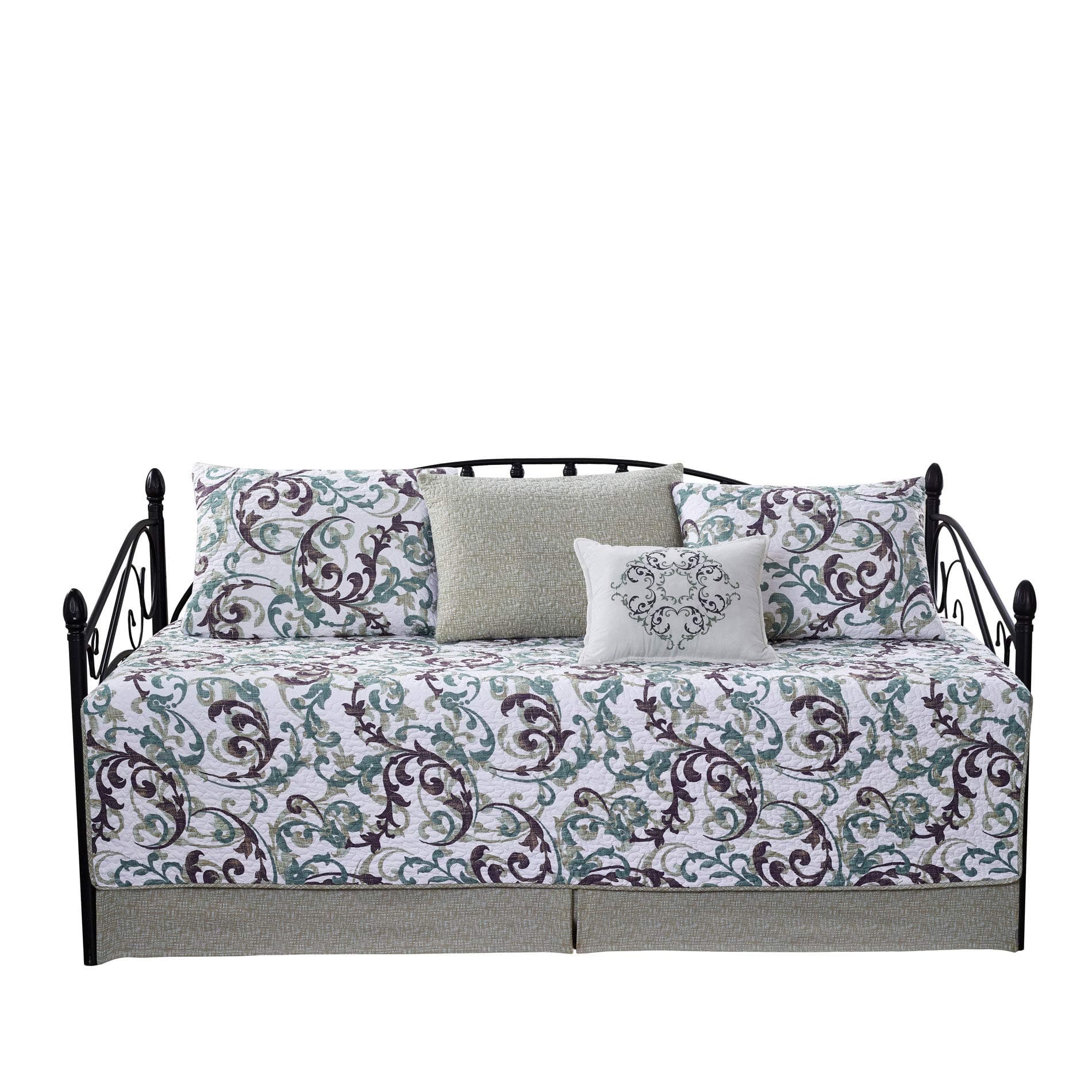 Home Soft Things 6 Piece Quilted Microfiber Daybed Bedding Cover Set, Soft Lightweight All Season Coverlet Quilts Set with Bedskirt, Matching Shams, Decorative Pillow, 75" x 39", Ravello Scroll