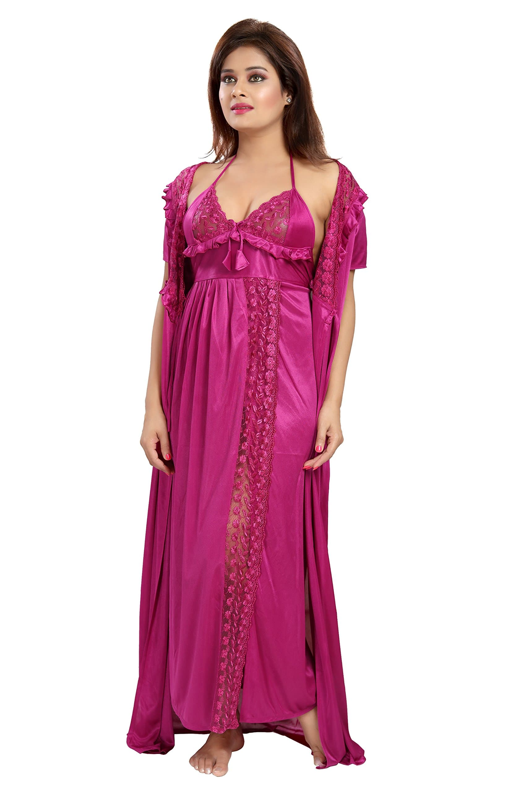 Women's Satin Solid Maxi Length Nighty with Robe (Size - Free Size) (Nightwear Set Pack of 2)