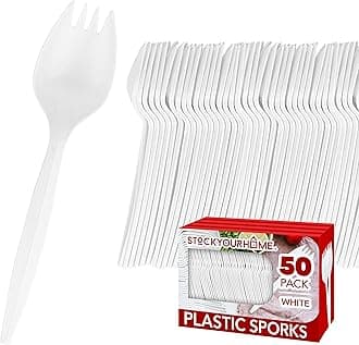 Stock Your Home Disposable Sporks (50 Pack) White Plastic Sporks - BPA Free Kid Safe 2 in 1 Utensils - Heavy Weight Fork Spoon for School Lunch, Picnics, Catering, Restaurants, Kids Birthday Parties -