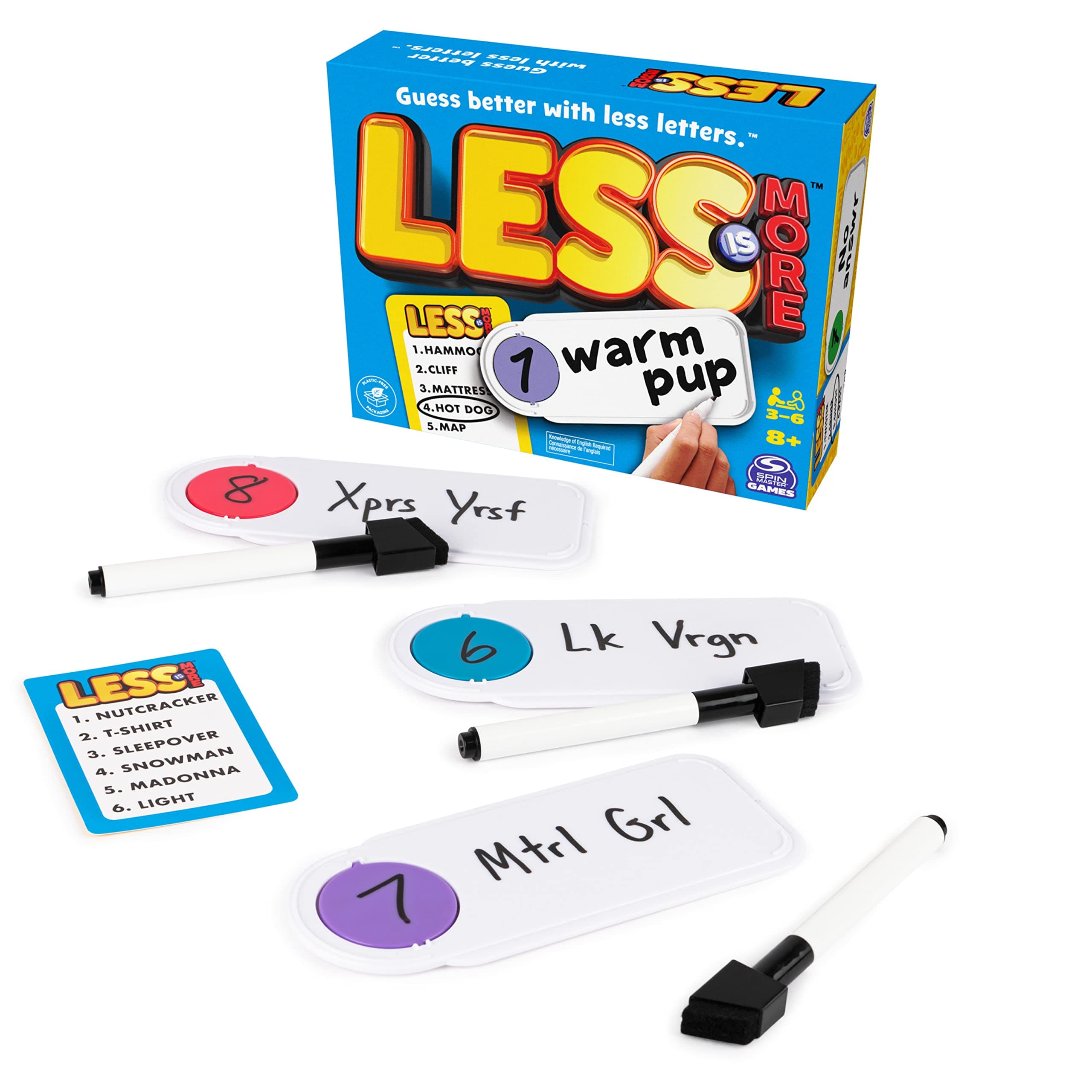 Spin Master Games Less is More, Party Board Game Fun Word Letter Card Game Funny Gift Toy Living Room Family Game Night, For Adults, Teens, And Kids Ages 8 And Up