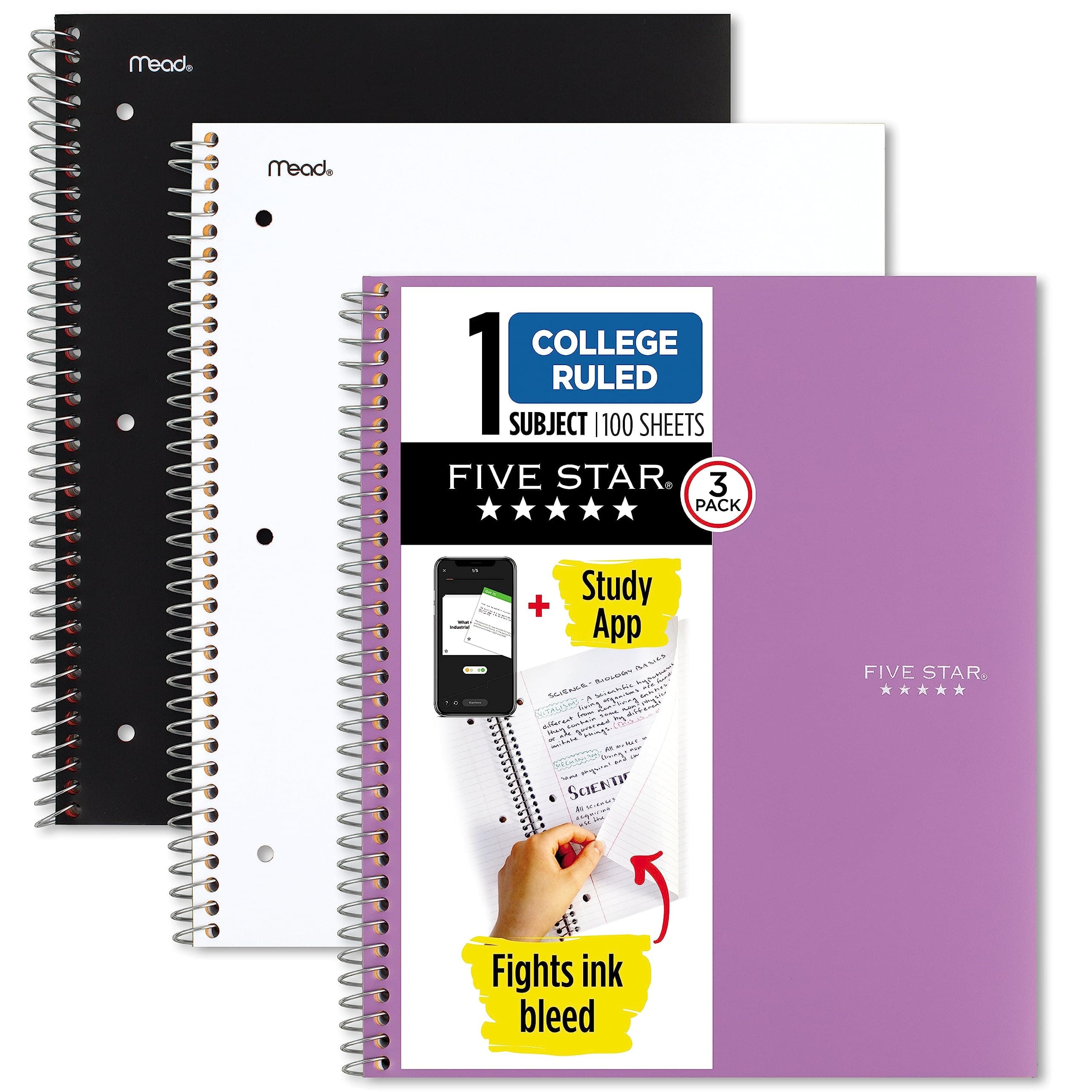 Spiral Notebooks + Study App, 3 Pack, 1-Subject, College Ruled Paper, 100 Sheets, 11" x 8-1/2", Black, White, Amethyst Purple (820188-ECM)